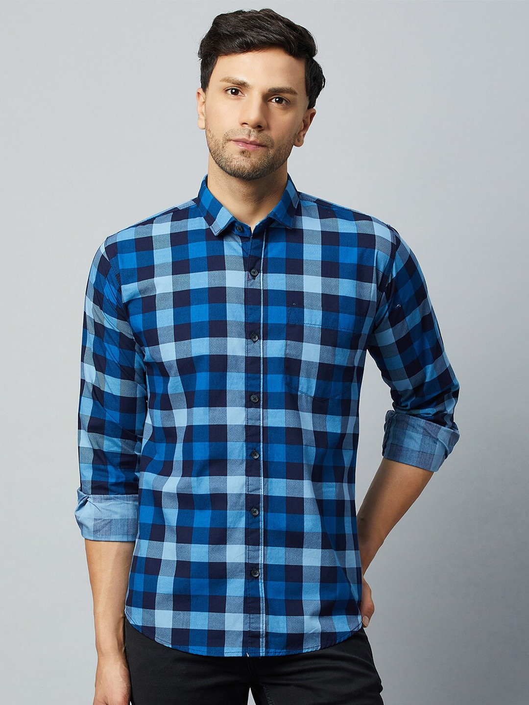 

Club York Slim Fit Tartan Checks Checked Cotton Casual Shirt, Navy blue