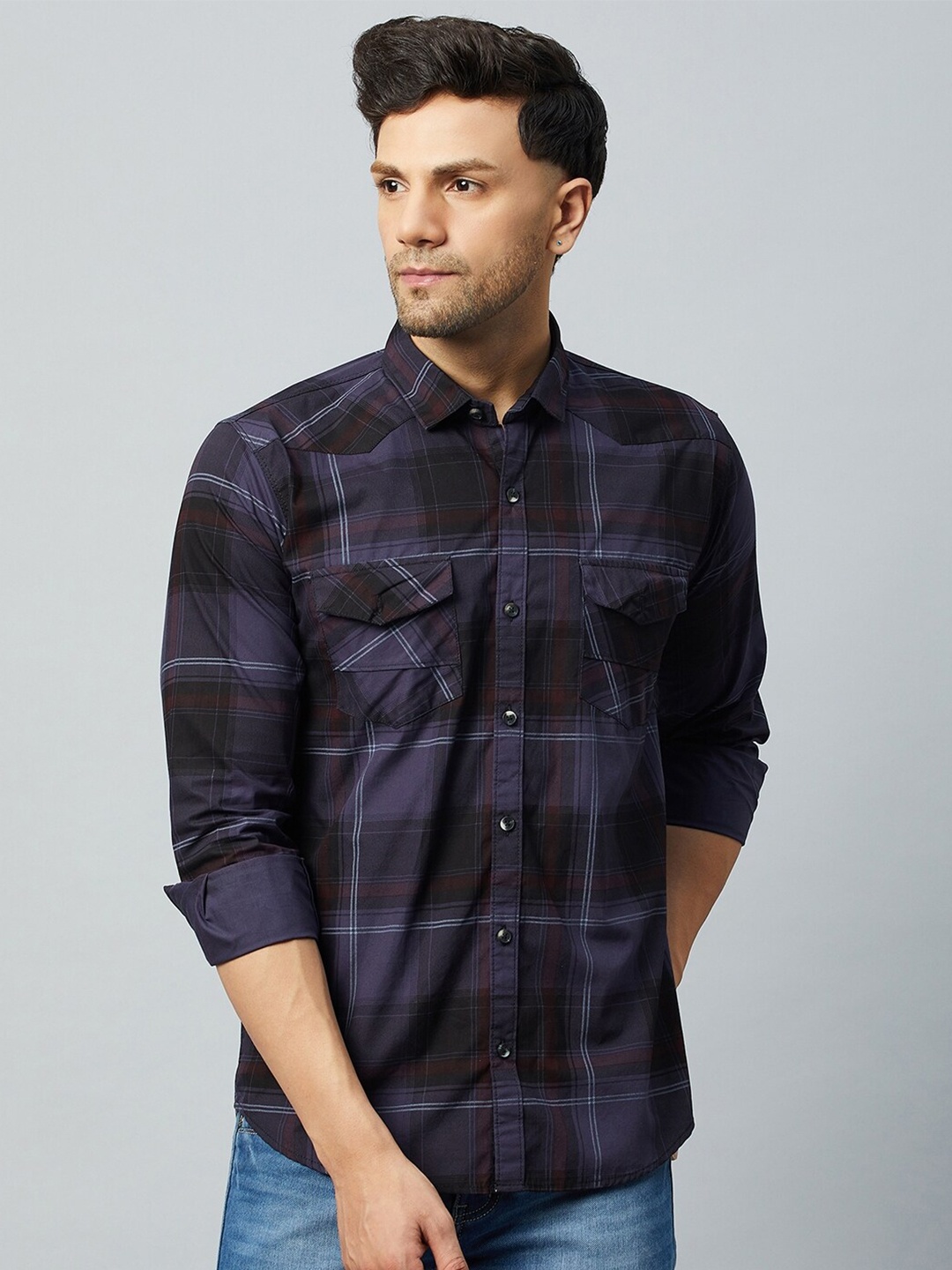 

Club York Slim Fit Windowpane Checks Cotton Casual Shirt, Purple