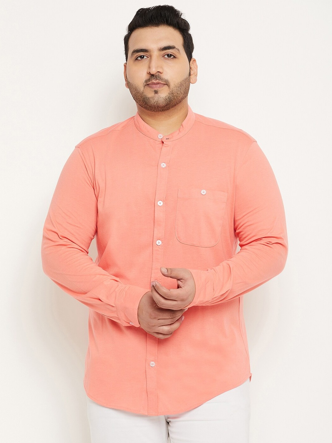 

Club York Plus Size Band Collar Cotton Casual Shirt, Peach