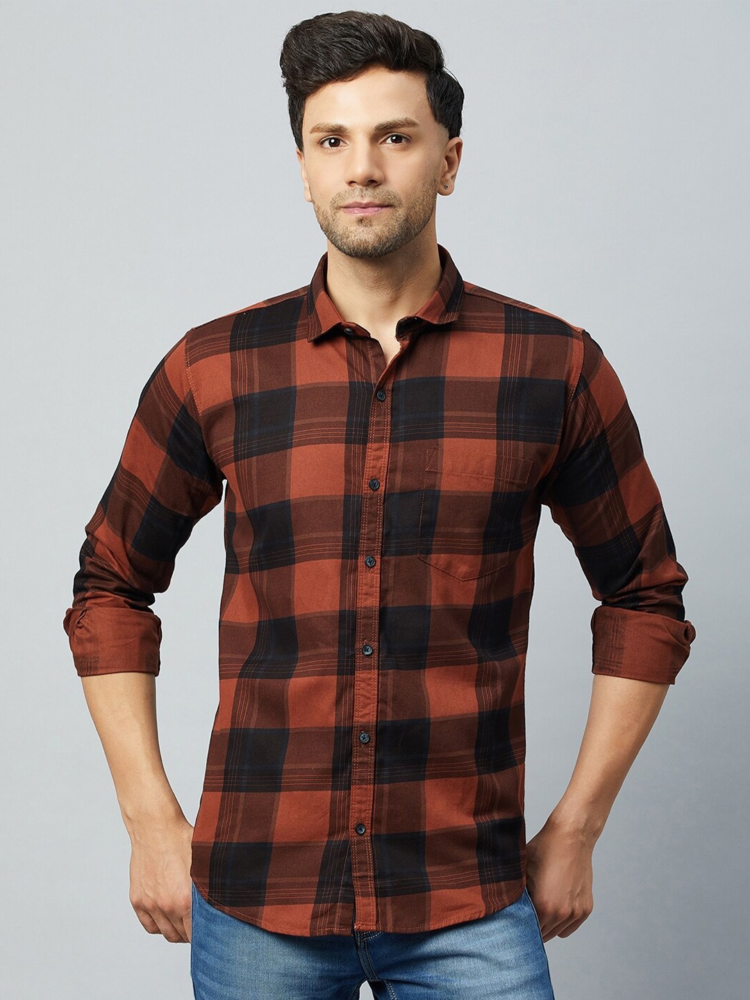 

Club York Slim Fit Buffalo Checks Checked Cotton Casual Shirt, Brown