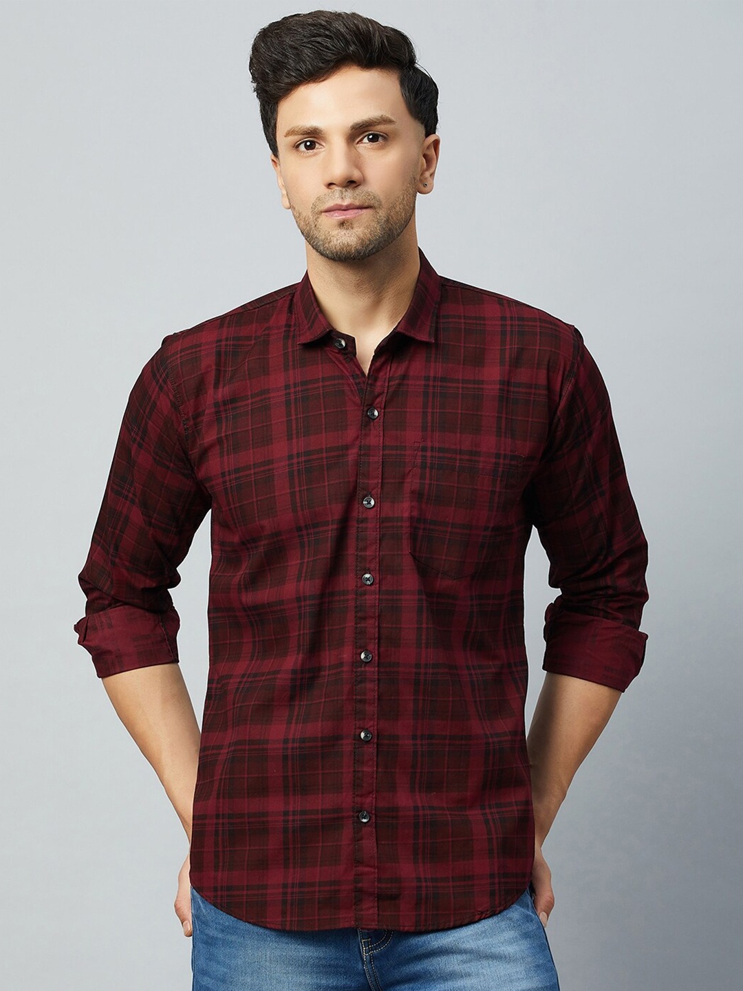 

Club York Slim Fit Tartan Checks Checked Cotton Casual Shirt, Red