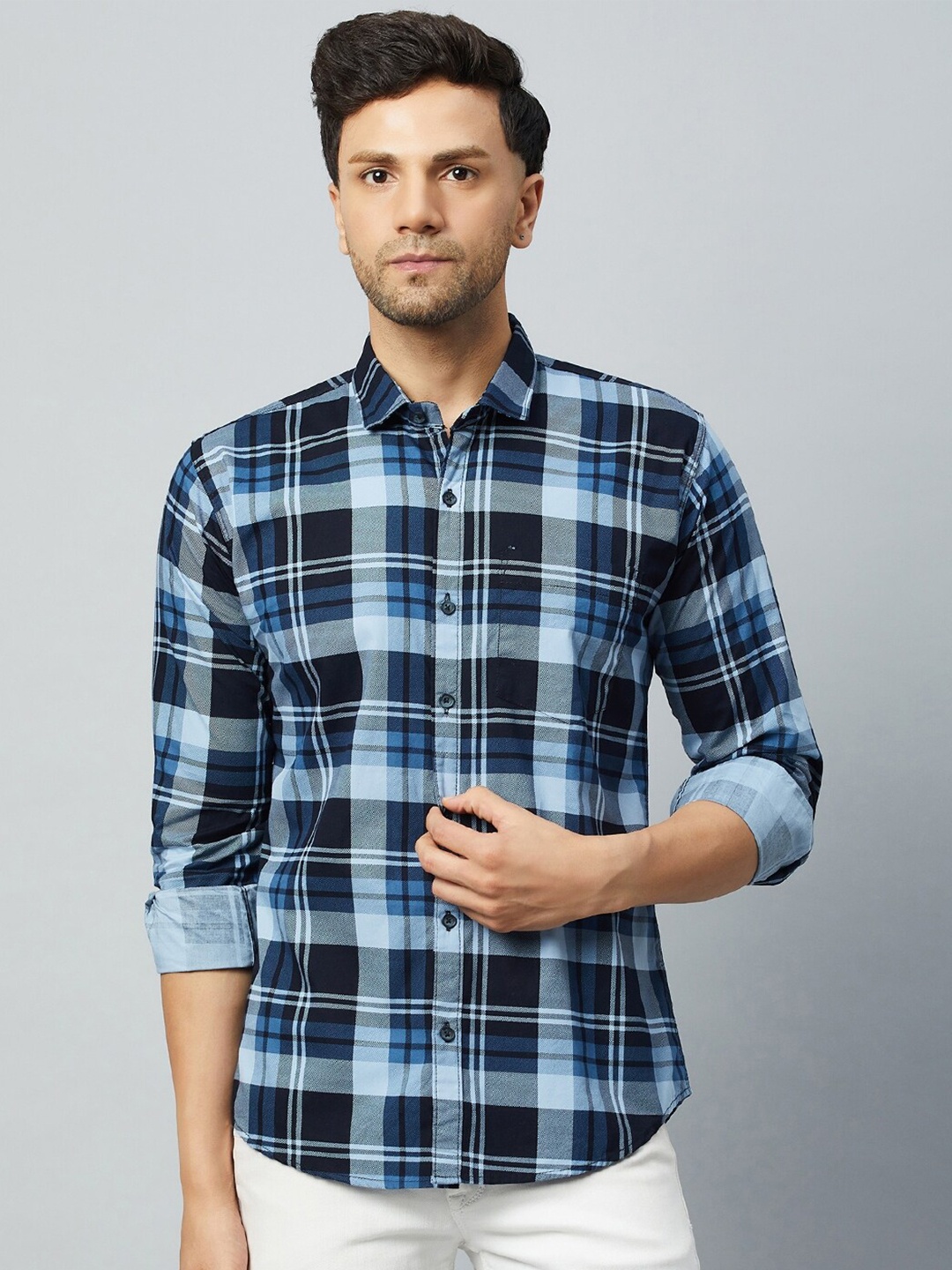 

Club York Slim Fit Tartan Checks Checked Cotton Casual Shirt, Blue