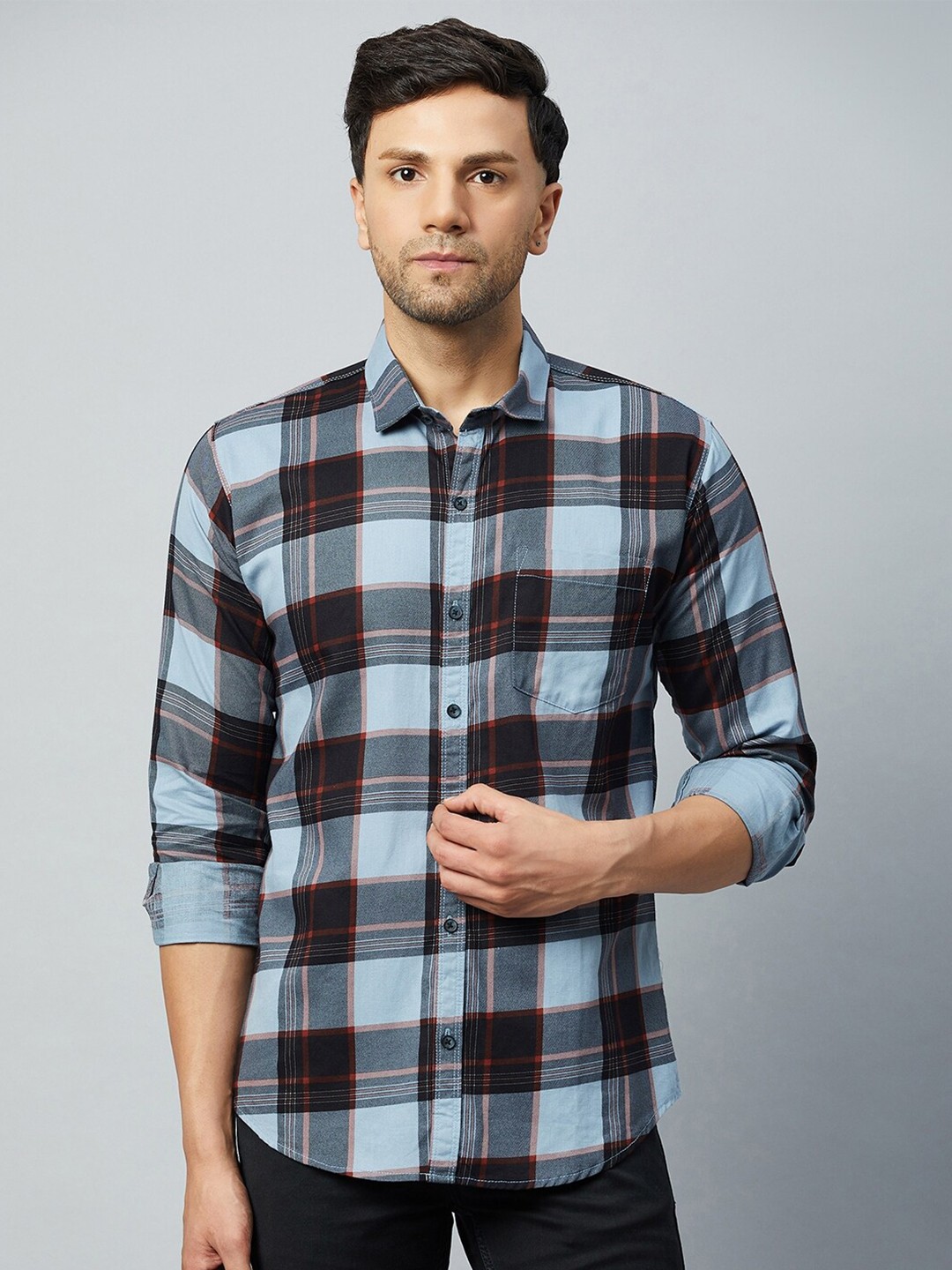 

Club York Slim Fit Tartan Checks Checked Cotton Casual Shirt, Blue