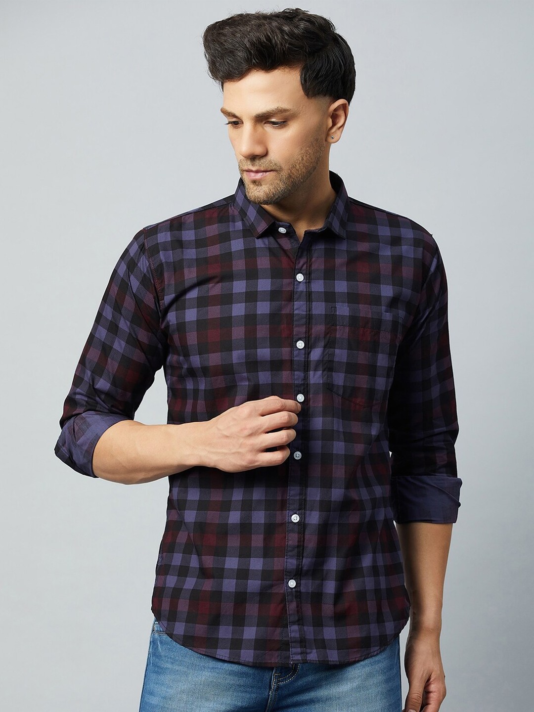 

Club York Slim Fit Tartan Checks Checked Cotton Casual Shirt, Purple