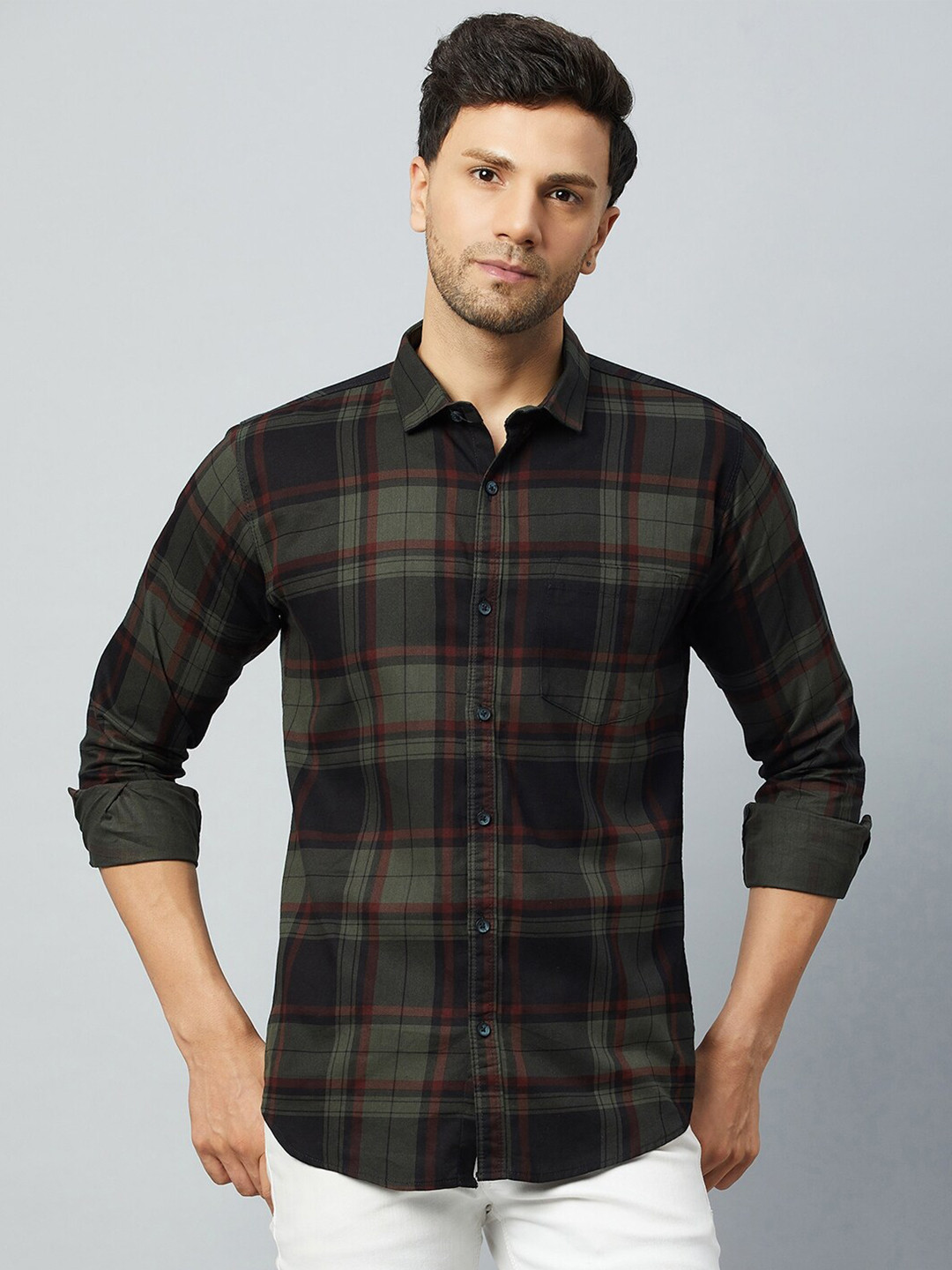 

Club York Slim Fit Tartan Checks Cotton Checked Casual Shirt, Green