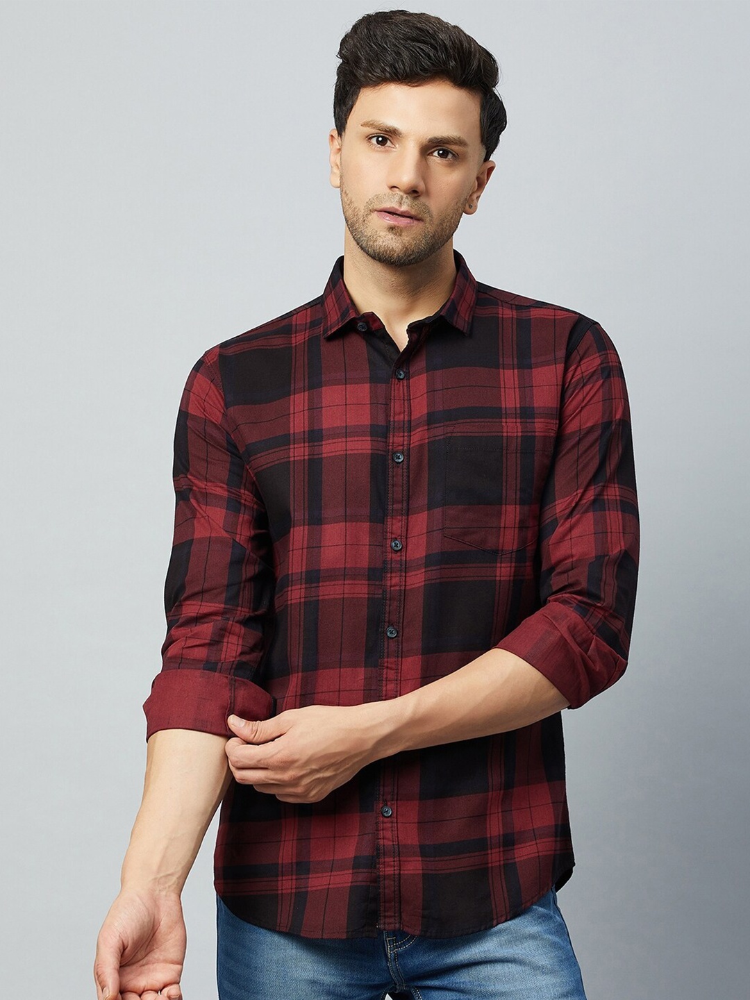 

Club York Slim Fit Tartan Checks Cotton Casual Shirt, Red