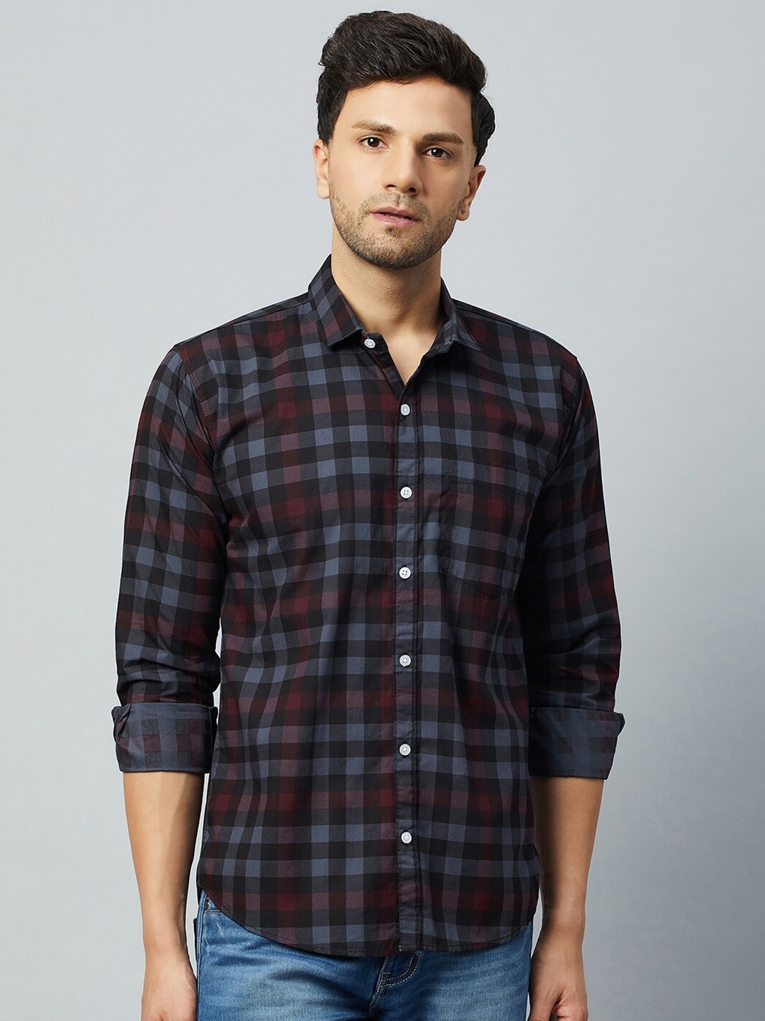 

Club York Slim Fit Tartan Checks Checked Cotton Casual Shirt, Blue