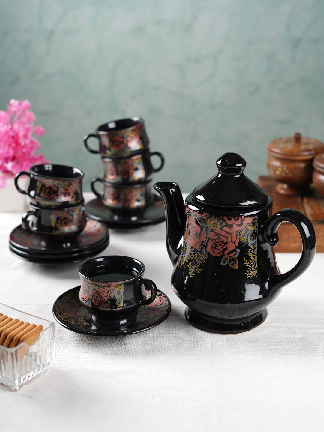 

CDI 13 Pcs Black & Pink Floral Printed Ceramic Glossy Kettle Set