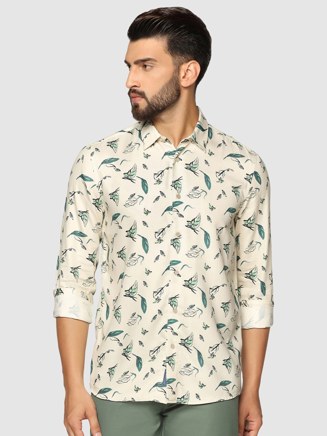 

Blackberrys Floral Printed Slim Fit Cotton Straight Casual Shirt, Beige