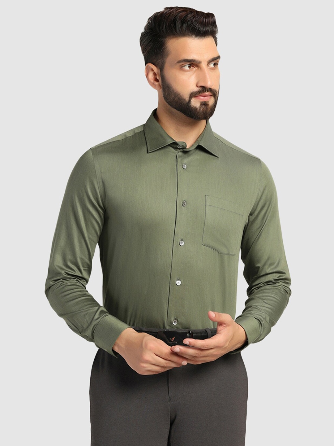 

Blackberrys Spread Collar Slim Fit Pure Cotton Straight Formal Shirt, Green