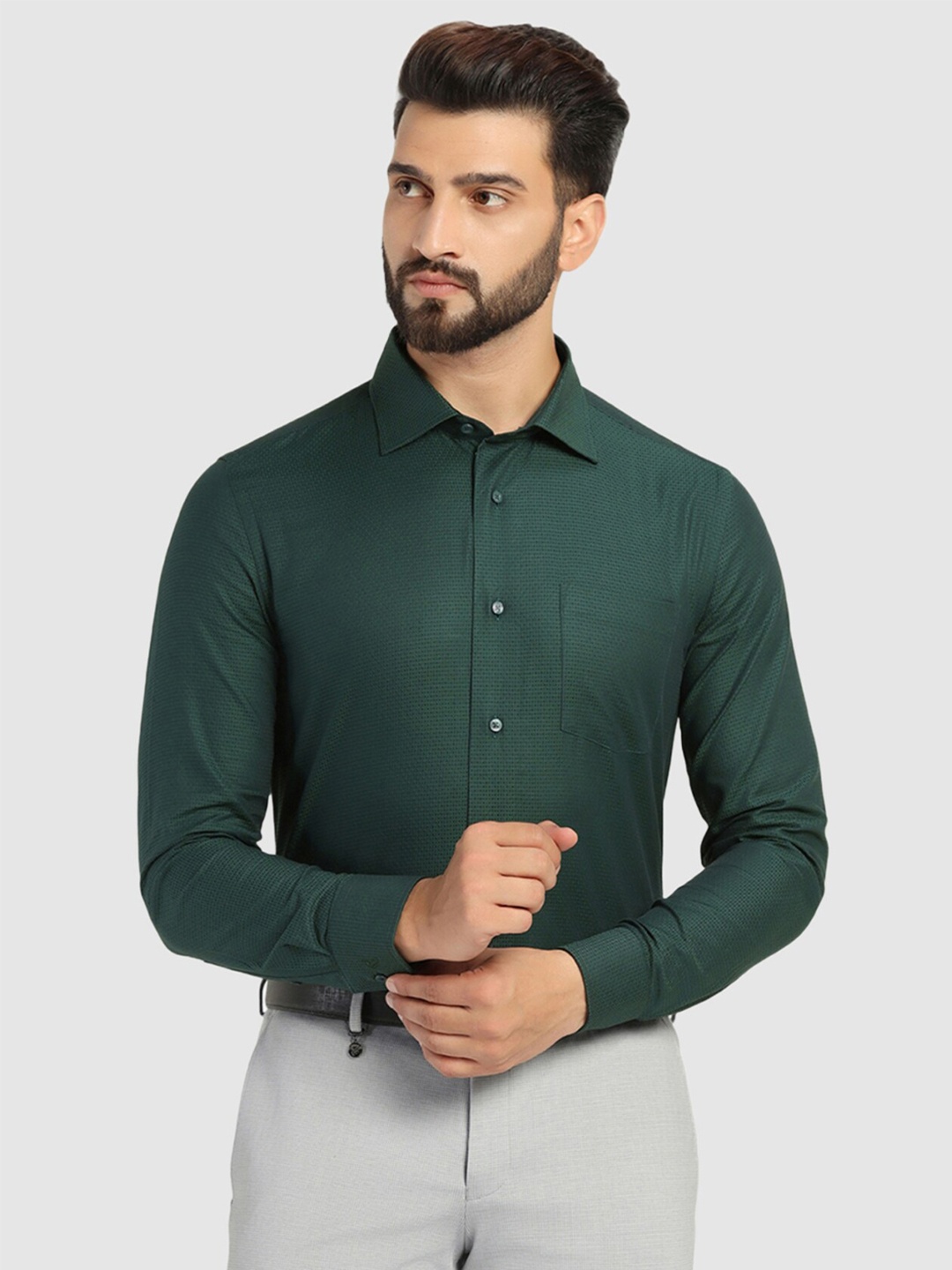 

Blackberrys Spread Collar Slim Fit Pure Cotton Straight Formal Shirt, Green