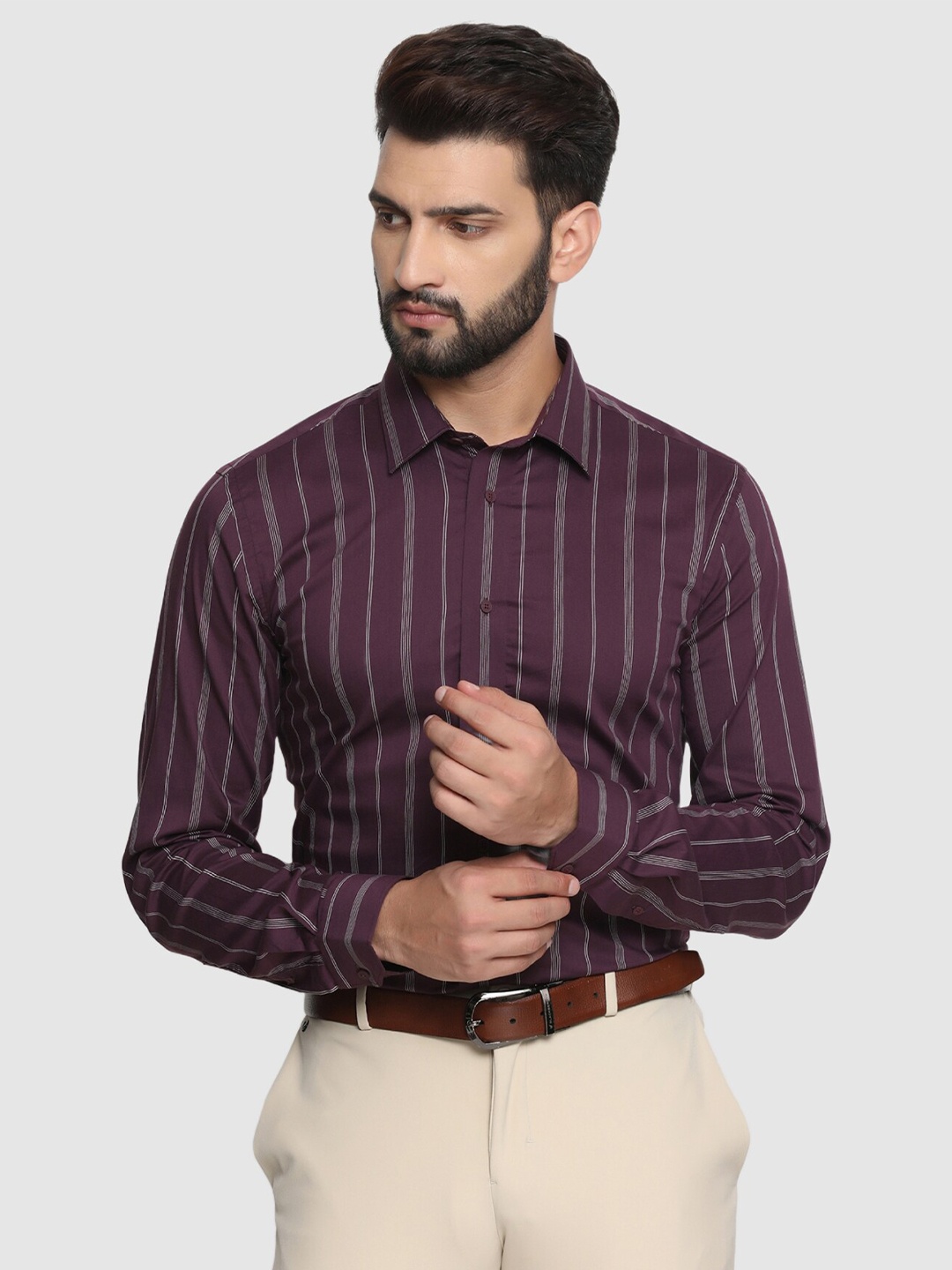 

Blackberrys TechPro Men Plum Striped Formal Shirts, Purple