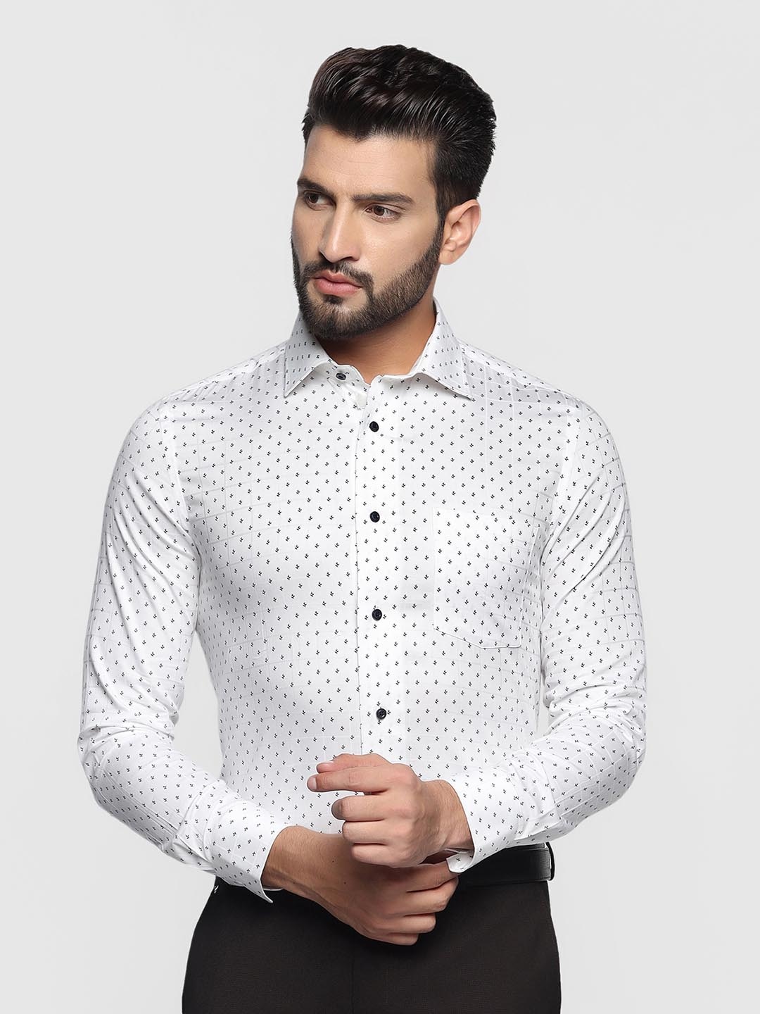 

Blackberrys Micro Ditsy Printed Spread Collar Pure Cotton Formal Shirt, White