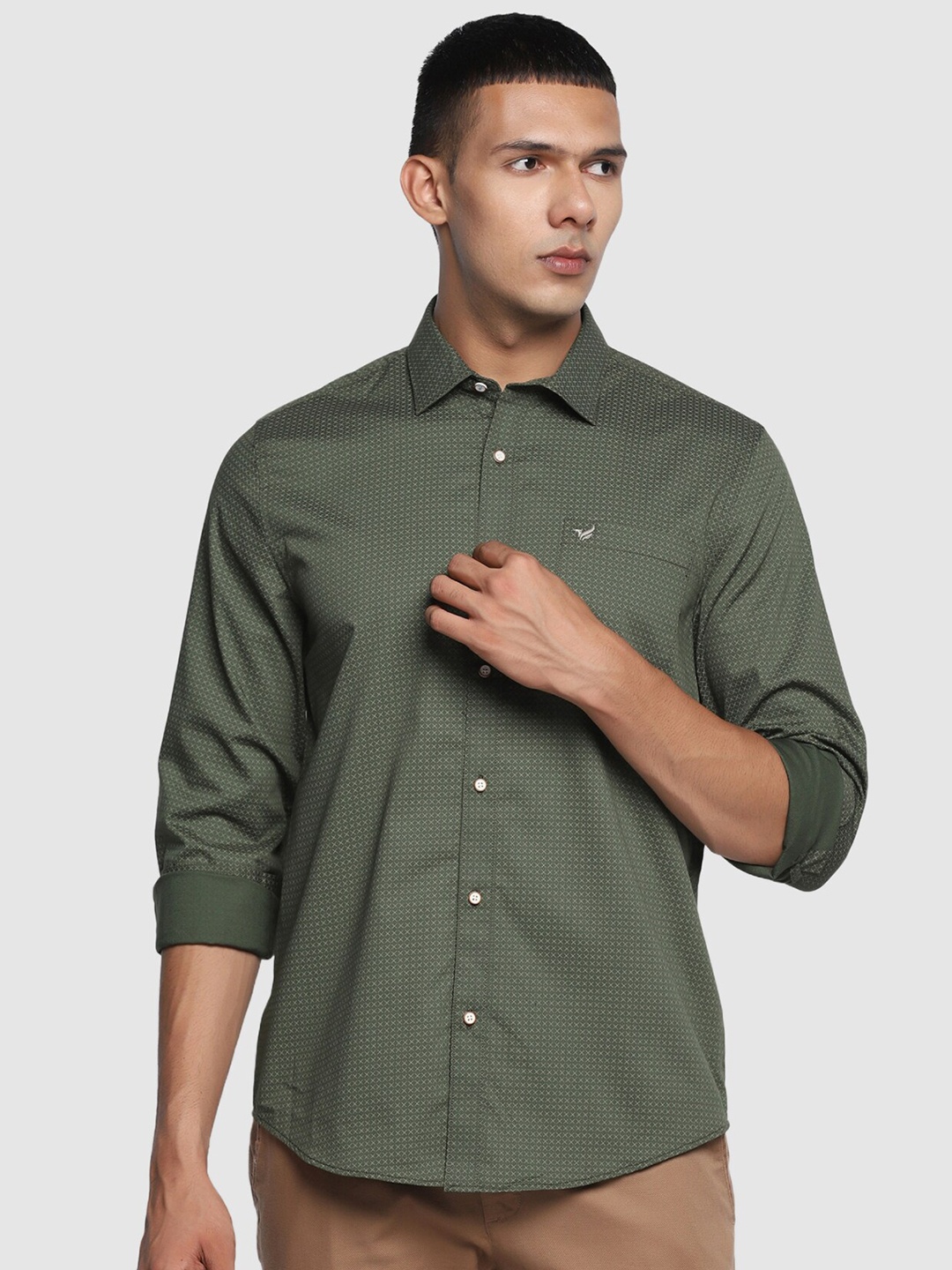 

Blackberrys Straight Slim Fit Micro Ditsy Self Design Casual Shirt, Olive