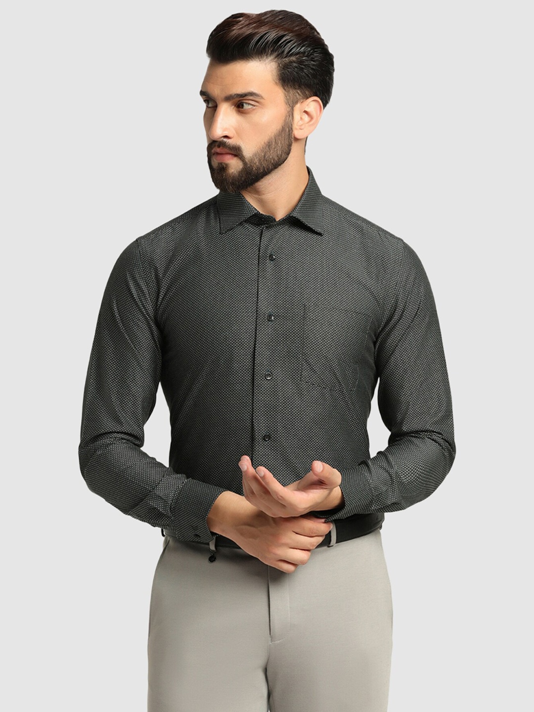 

Blackberrys Straight Slim Fit Micro Ditsy Printed Pure Cotton Formal Shirt, Green