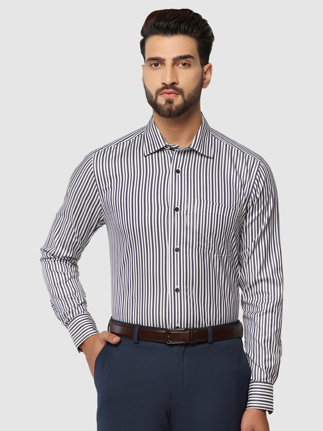 

Blackberrys Straight Slim Fit Striped Pure Cotton Formal Shirt, Navy blue