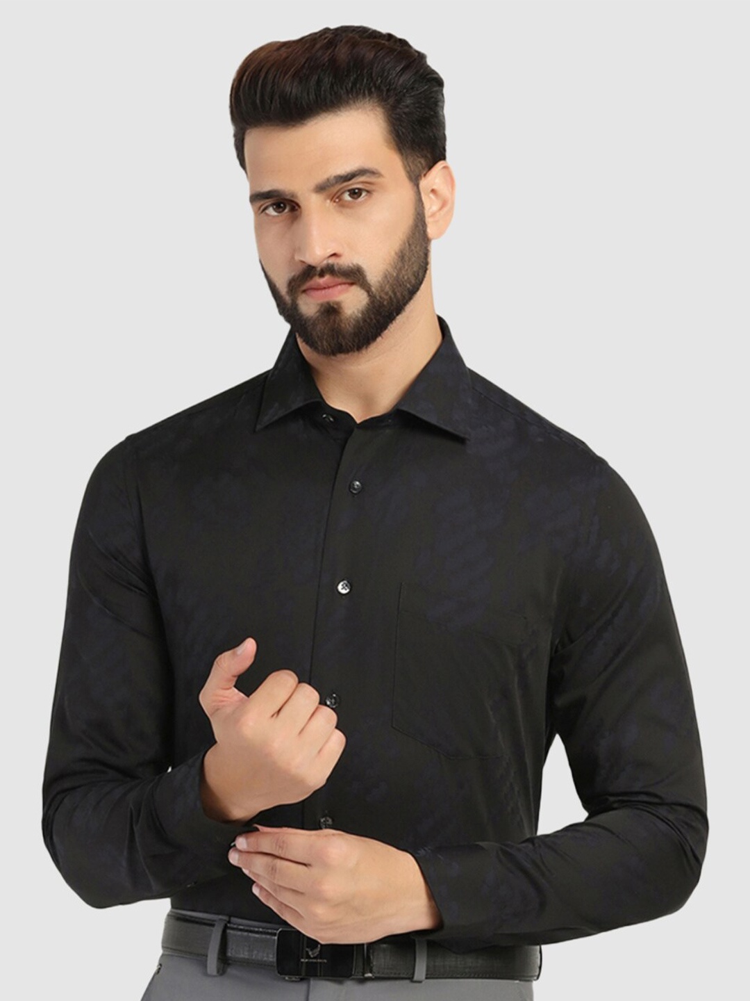 

Blackberrys Straight Slim Fit Abstract Printed Spread Collar Cotton Formal Shirt, Navy blue