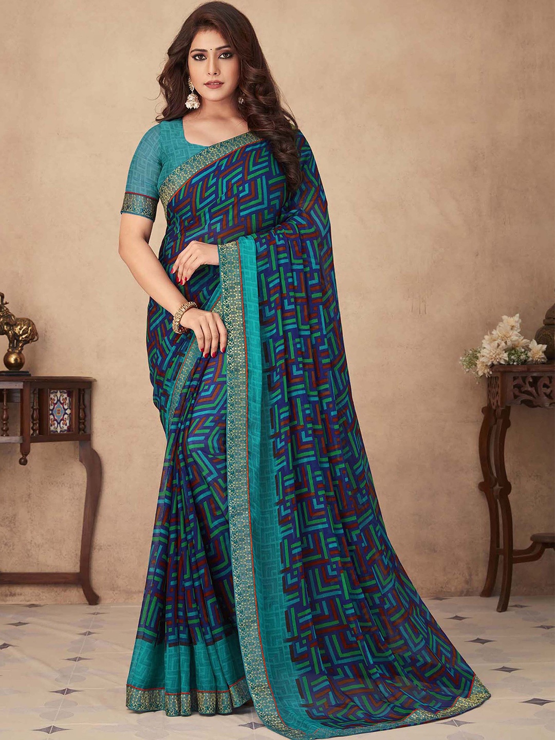

Mitera Geometric Printed Zari Saree, Blue