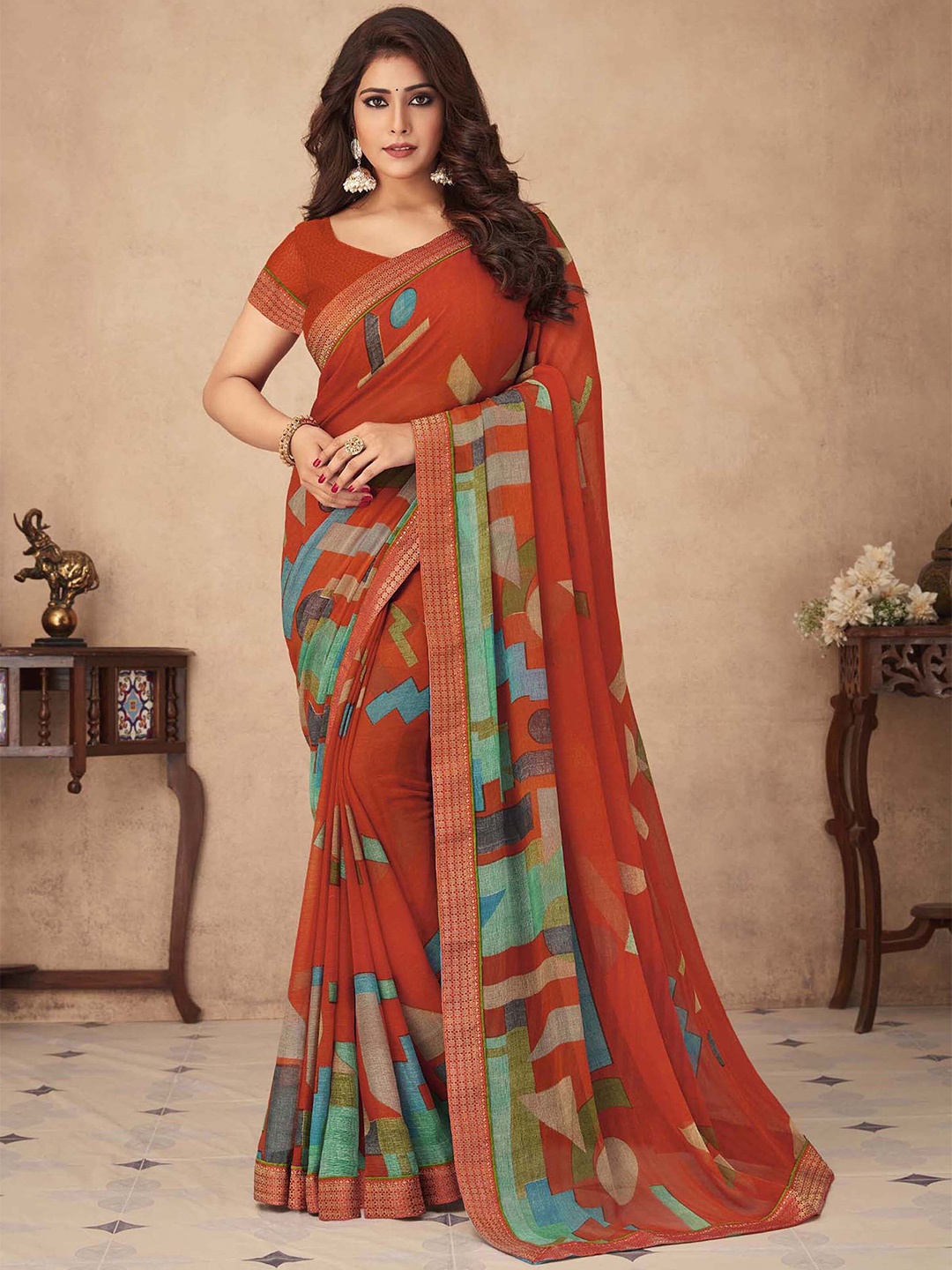 

Mitera Geometric Printed Saree, Orange