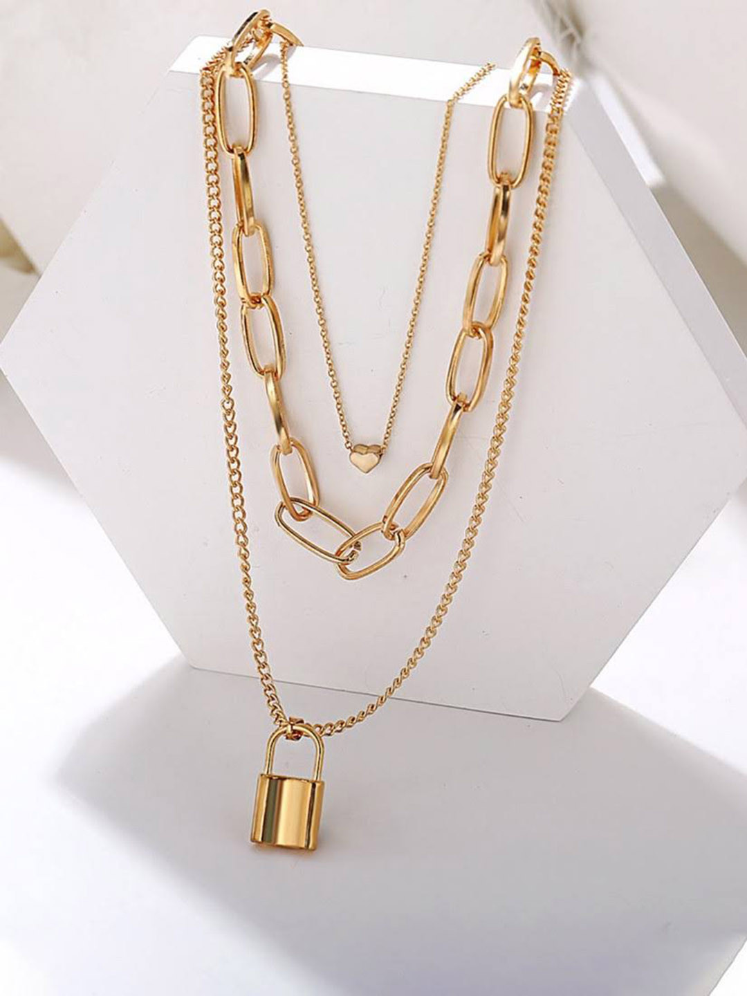 

VAGHBHATT Gold-Plated Trendy Triple Layered Lock & Heart Chain Necklace