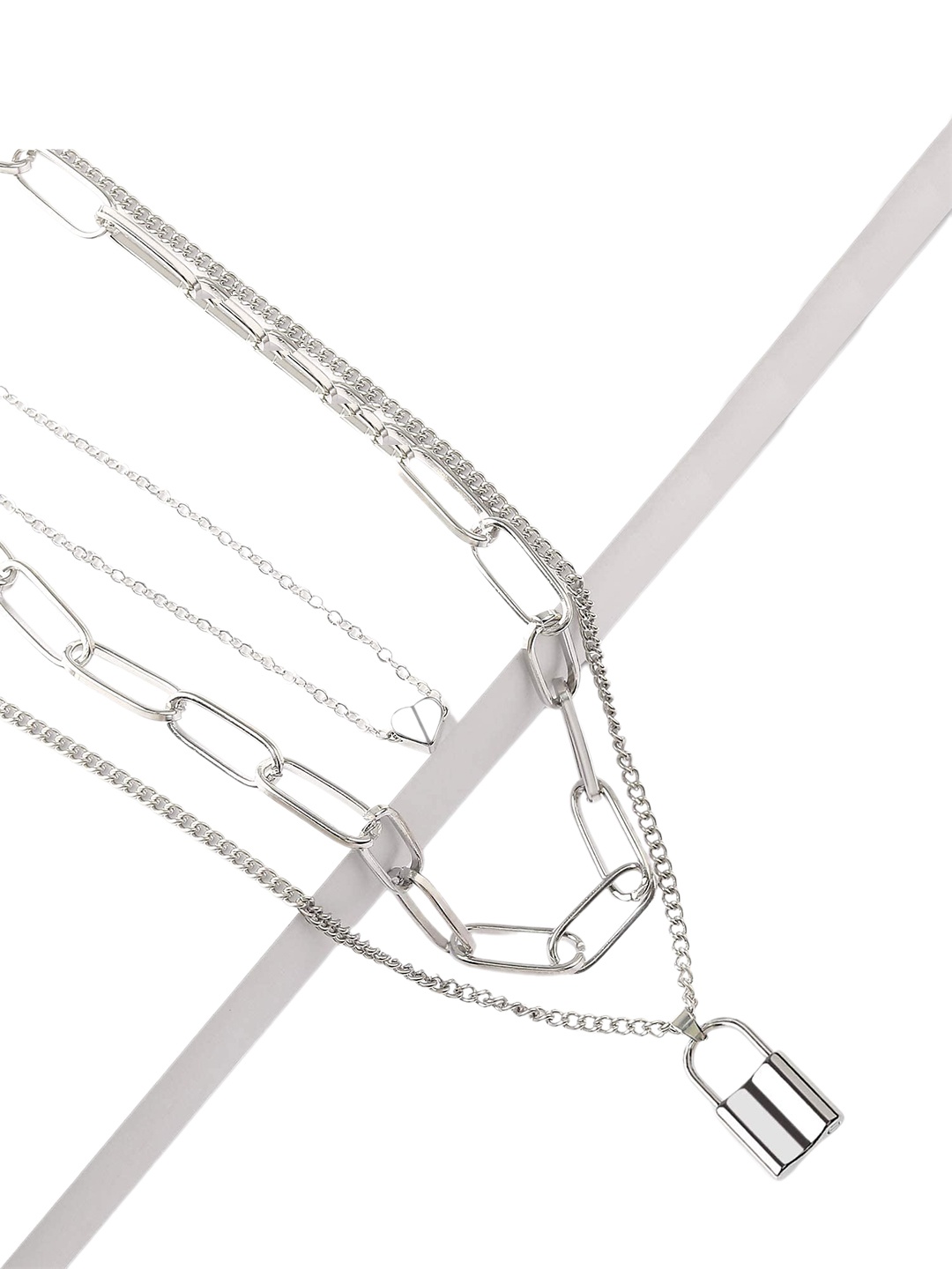 

VAGHBHATT Sterling Silver Silver-Plated Layered Lock & Heart Necklace