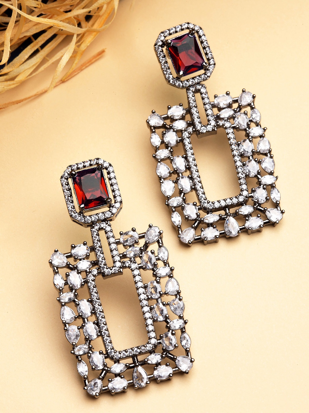 

KARATCART Silver-Plated Red Cubic Zirconia Geometric Drop Earrings