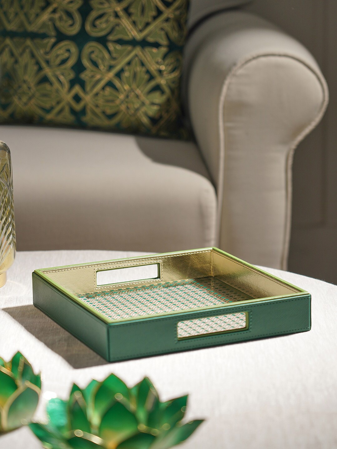 

Pure Home and Living Green Printed Leather Tray