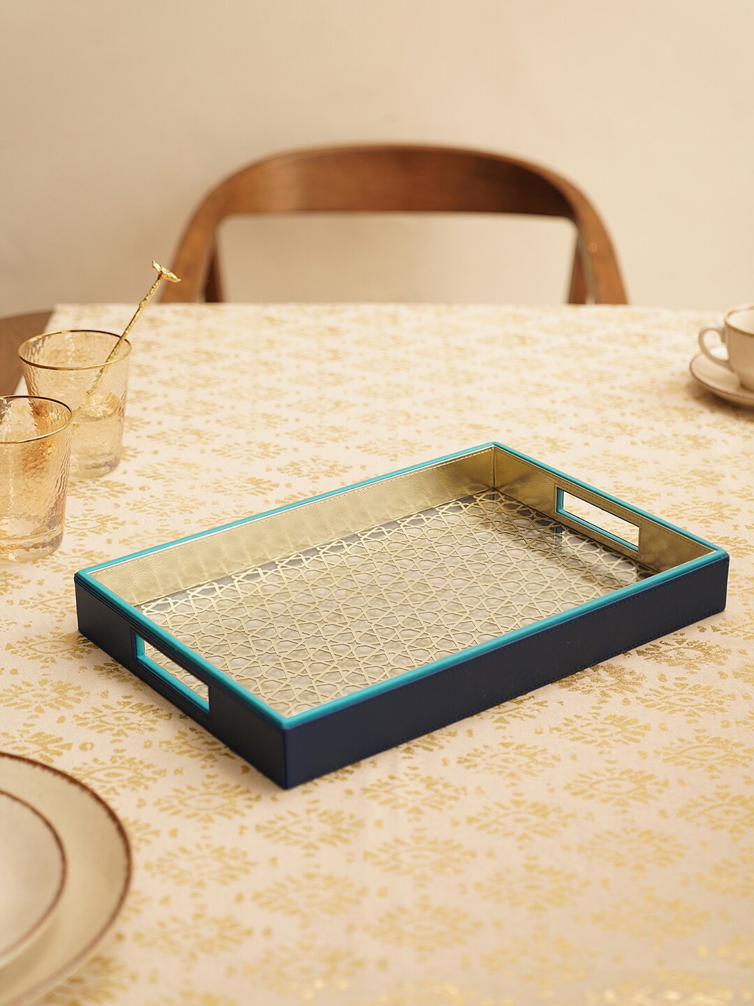 

Pure Home and Living Blue Printed Rectangle Leather Platter Serving Tray