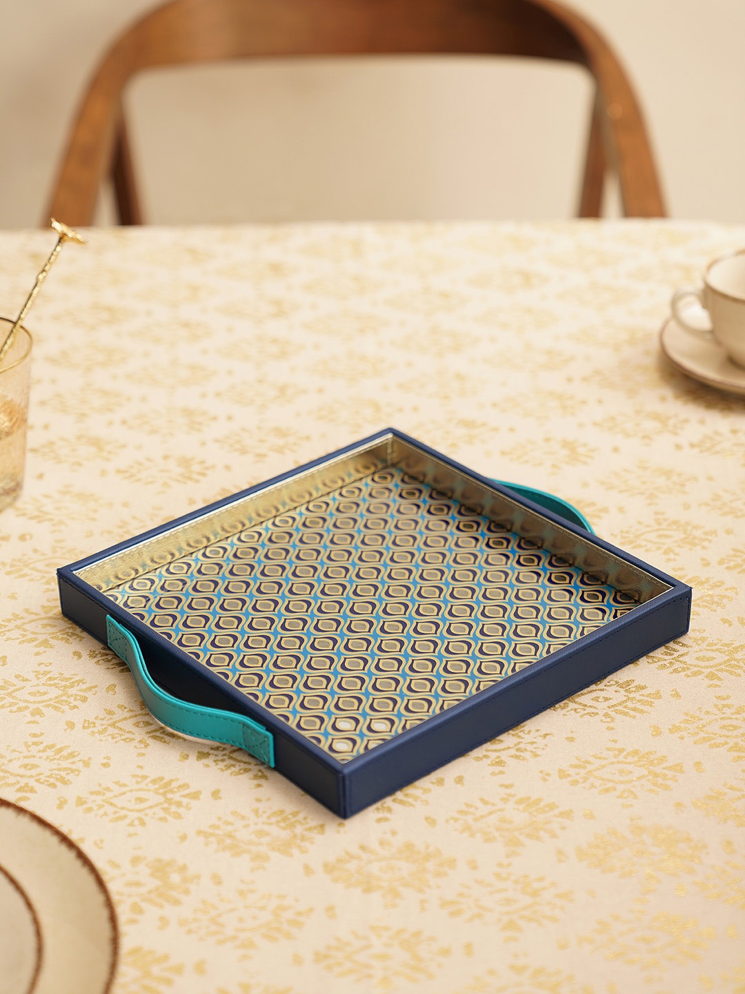 

Pure Home and Living Blue & Beige Glass Printed Faux Leather Tray