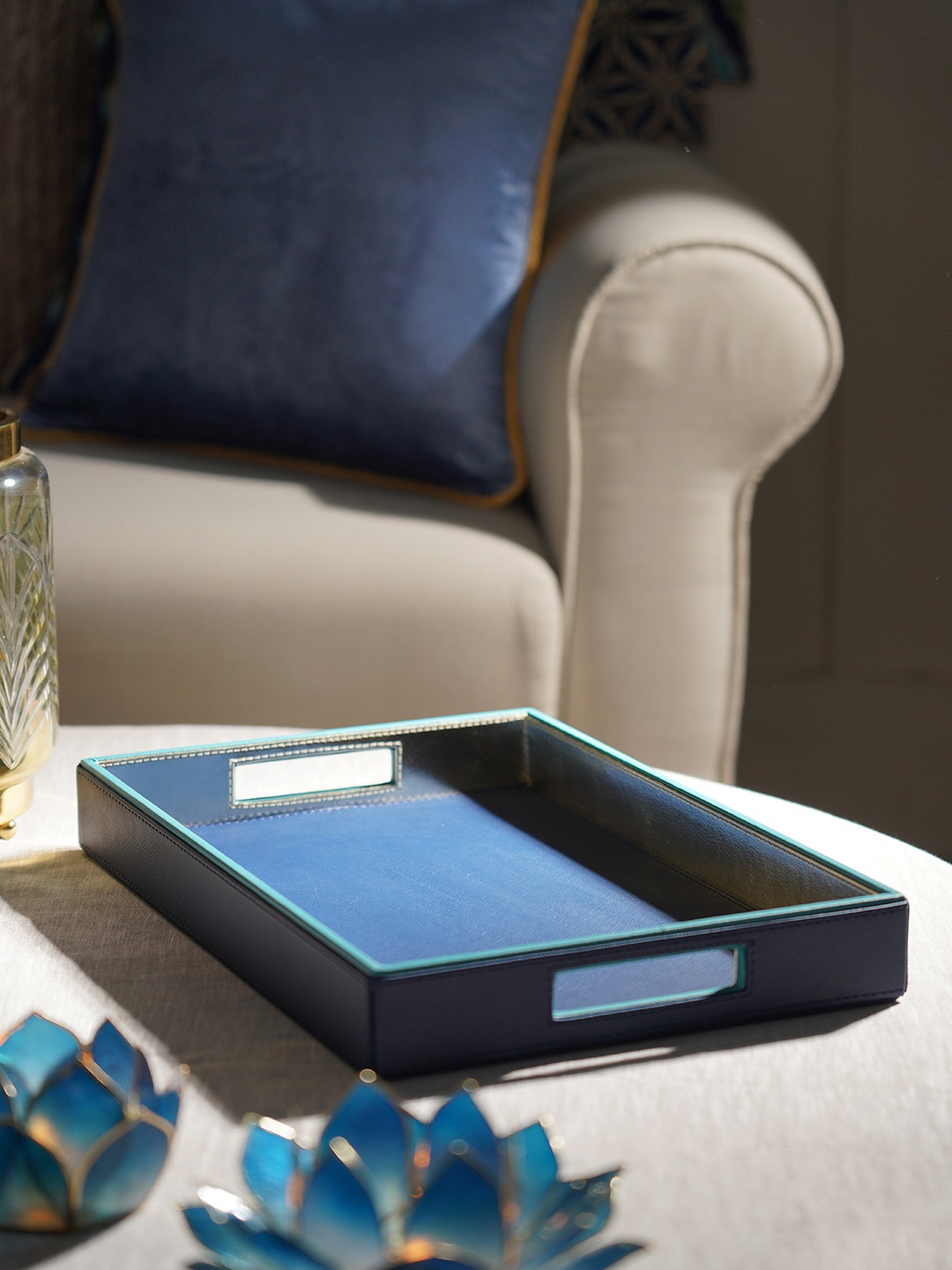 

Pure Home and Living Blue Leather Rectangle Serving Tray