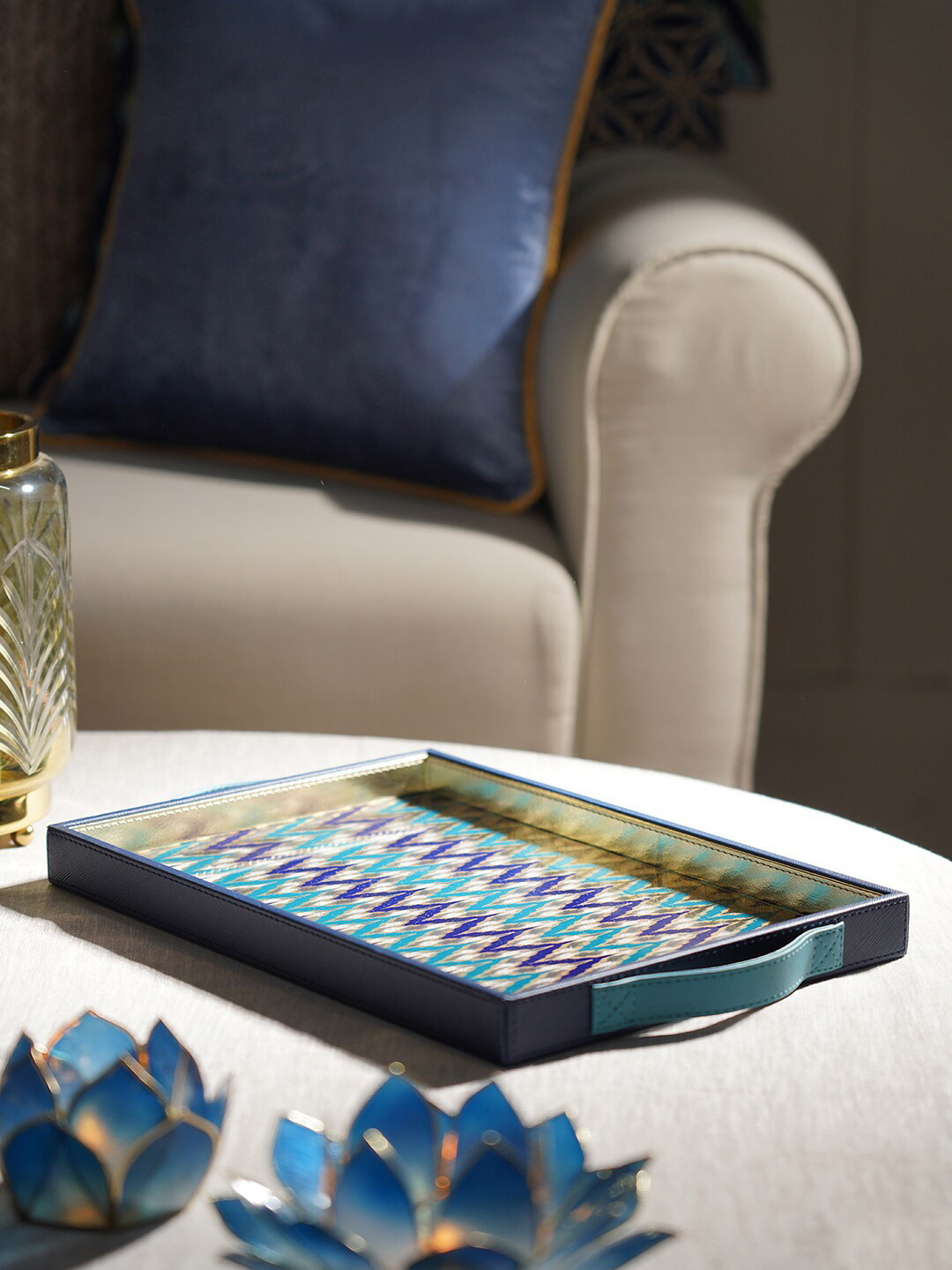 

Pure Home and Living Blue & Beige Ikat Printed Glass Faux Leather Tray