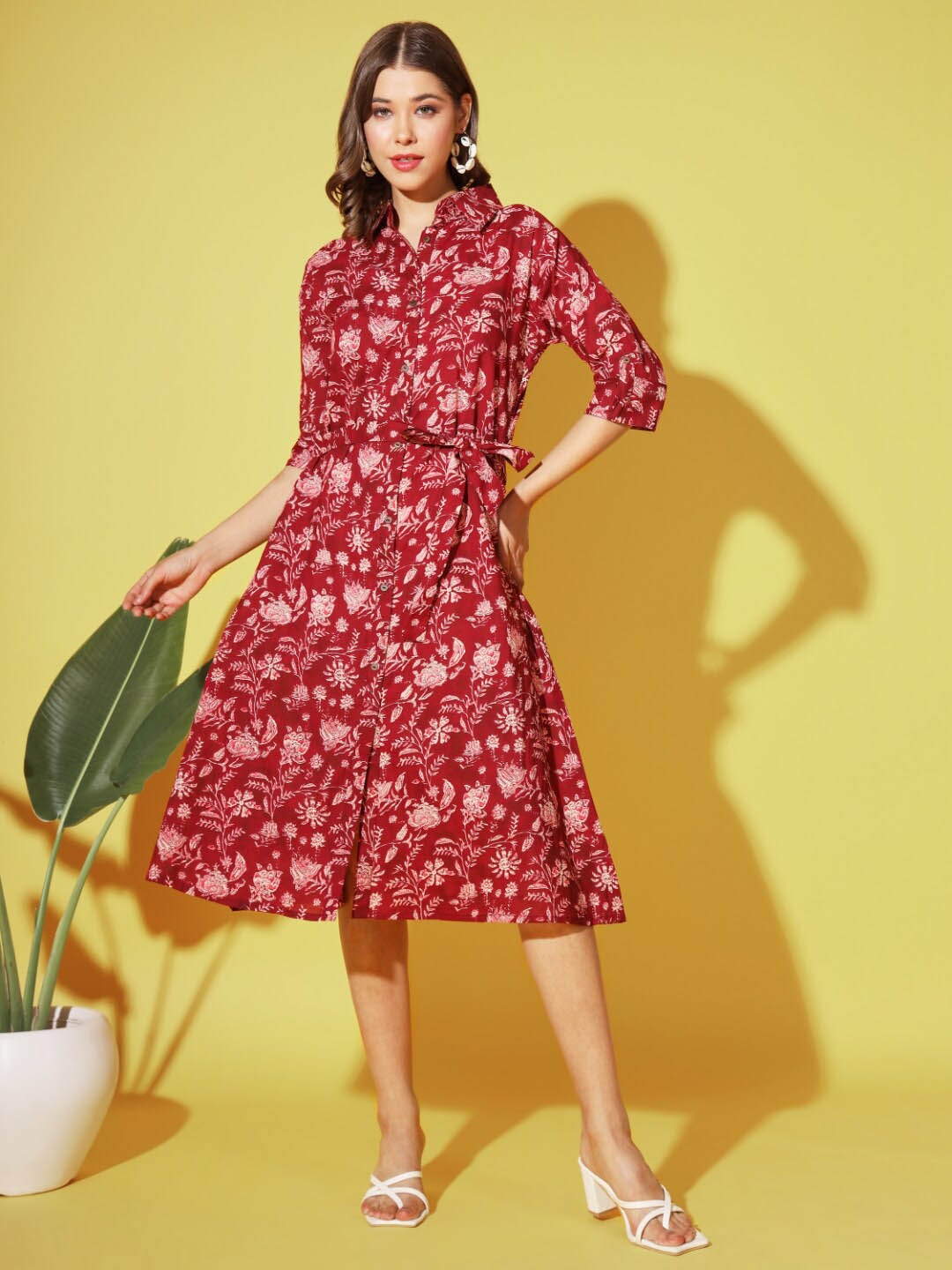 

Vbuyz Floral Printed Shirt Collar Belted Cotton Shirt Dress, Maroon