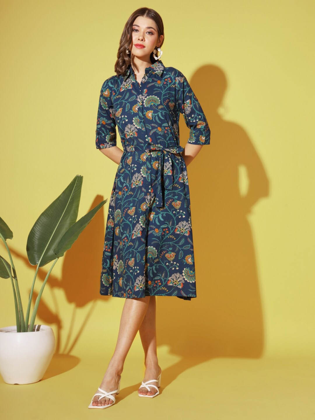 

Vbuyz Floral Printed Shirt Collar Belted Cotton Shirt Dress, Blue