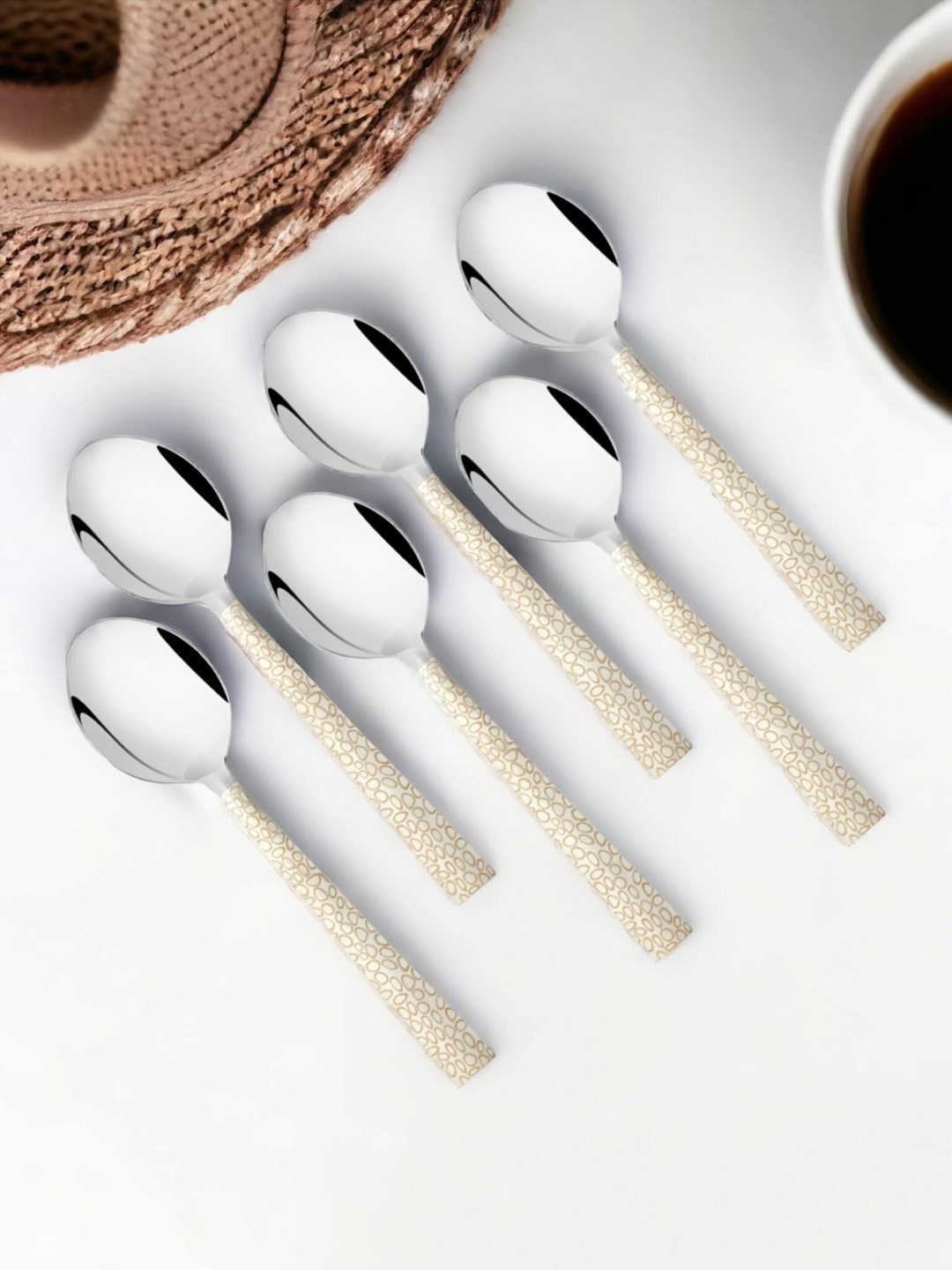 

FNS Pebble Cream-Colored 6 Pieces Stainless Steel Dessert Spoons, Silver
