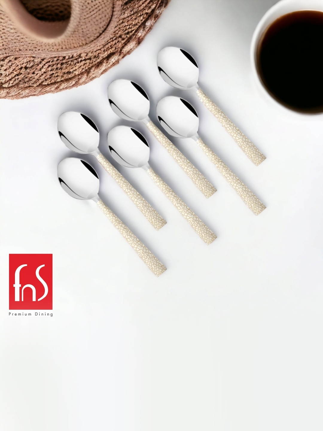 

FNS Pebble Cream-colored 6 Pieces Stainless Steel Tea Spoons, Silver