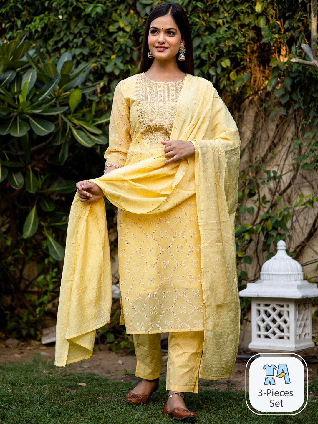 

misbis Floral Embroidered Chanderi Cotton Kurta With Pyjamas & Dupatta, Yellow