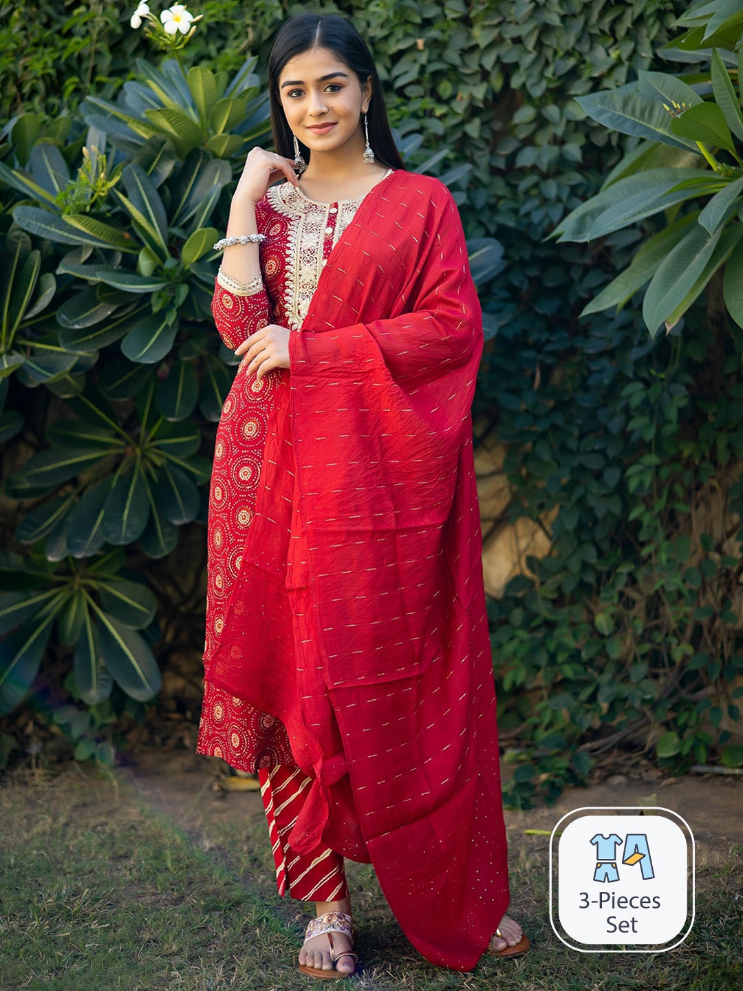 

misbis Ethnic Motifs Printed Thread Work Kurta with Trousers & Dupatta, Red
