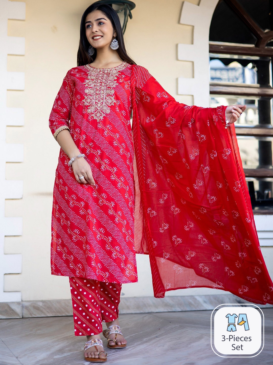 

misbis Bandhani Printed Thread Work Pure Cotton Kurta with Trousers & Dupatta, Pink