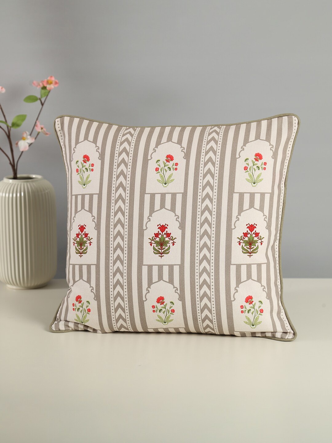 

India Circus by Krsnaa Mehta Grey & White Floral Cotton Square Cushion Cover