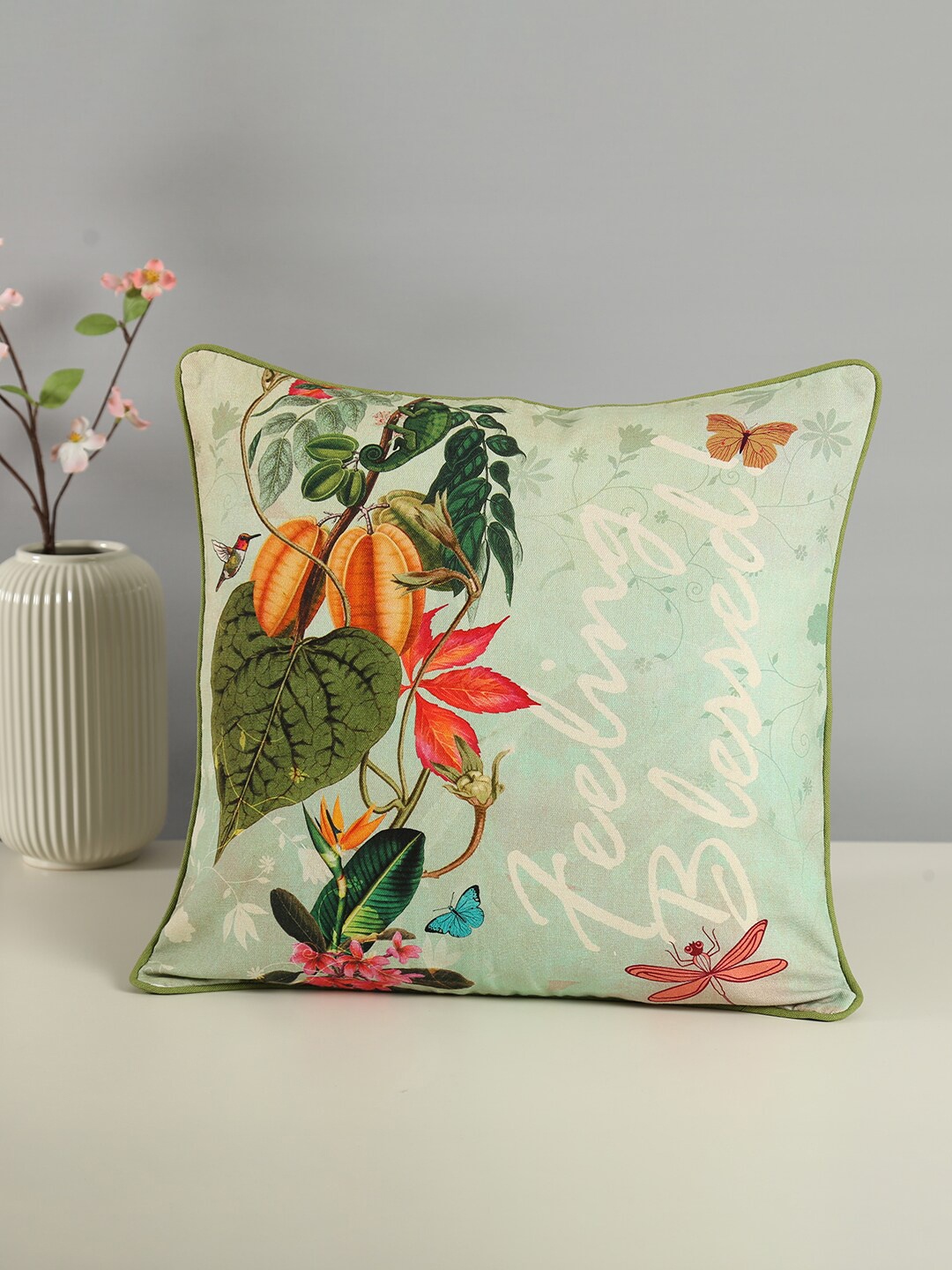 

India Circus by Krsnaa Mehta Lime Green & White Ethnic Motifs Square Cushion Cover