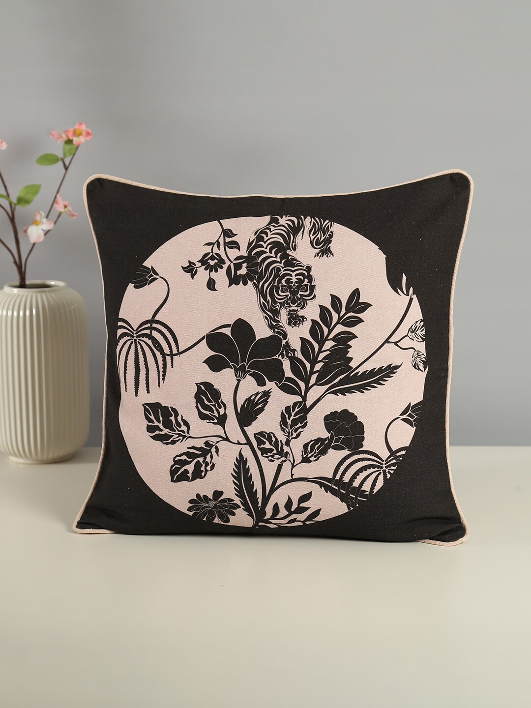 

India Circus by Krsnaa Mehta Black & Cream-Coloured Floral Square Cushion Cover