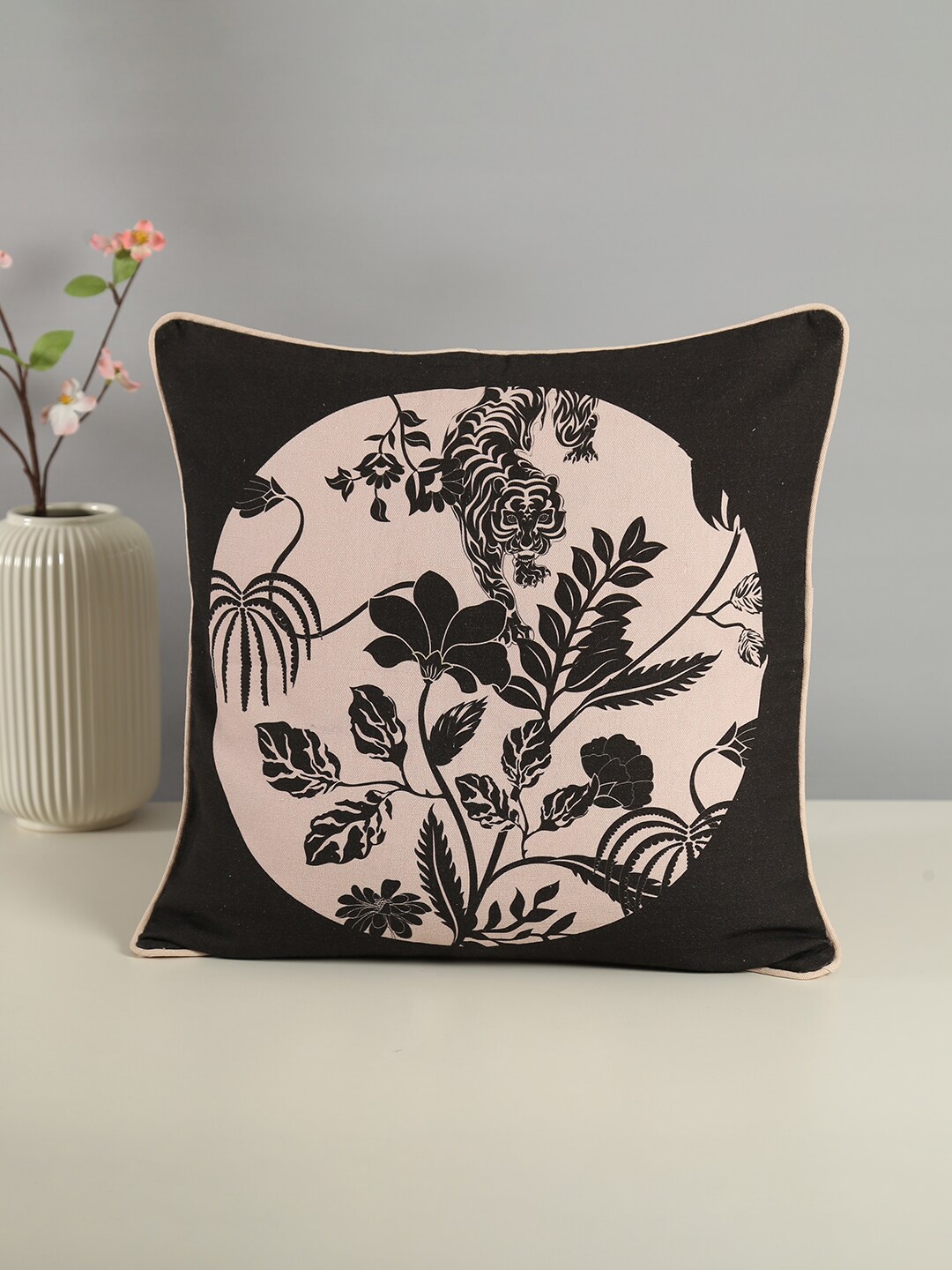 

India Circus by Krsnaa Mehta Black & Peach-Coloured Floral Cotton Square Cushion Cover