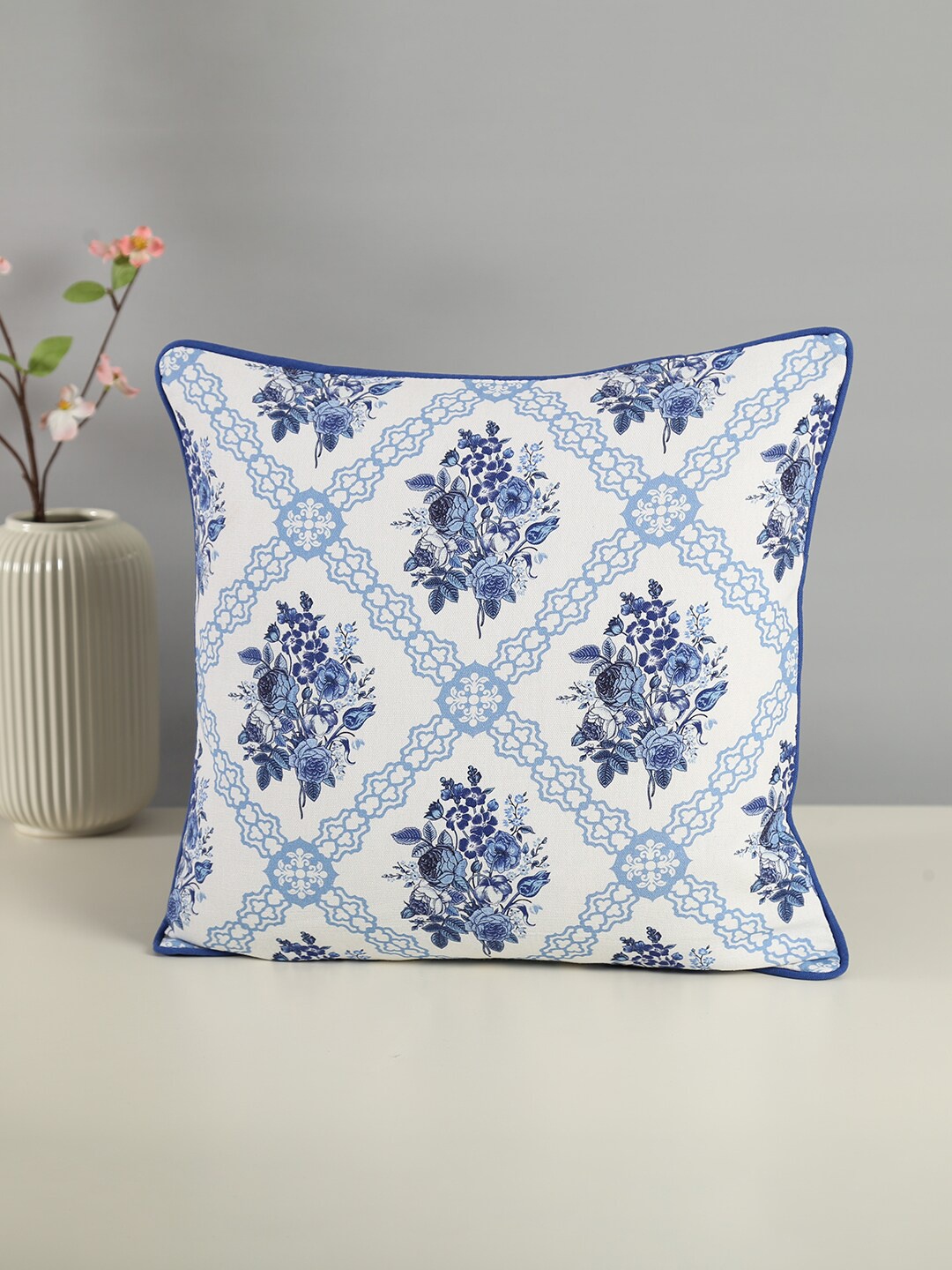 

India Circus by Krsnaa Mehta White & Blue Floral Cotton Square Cushion Cover