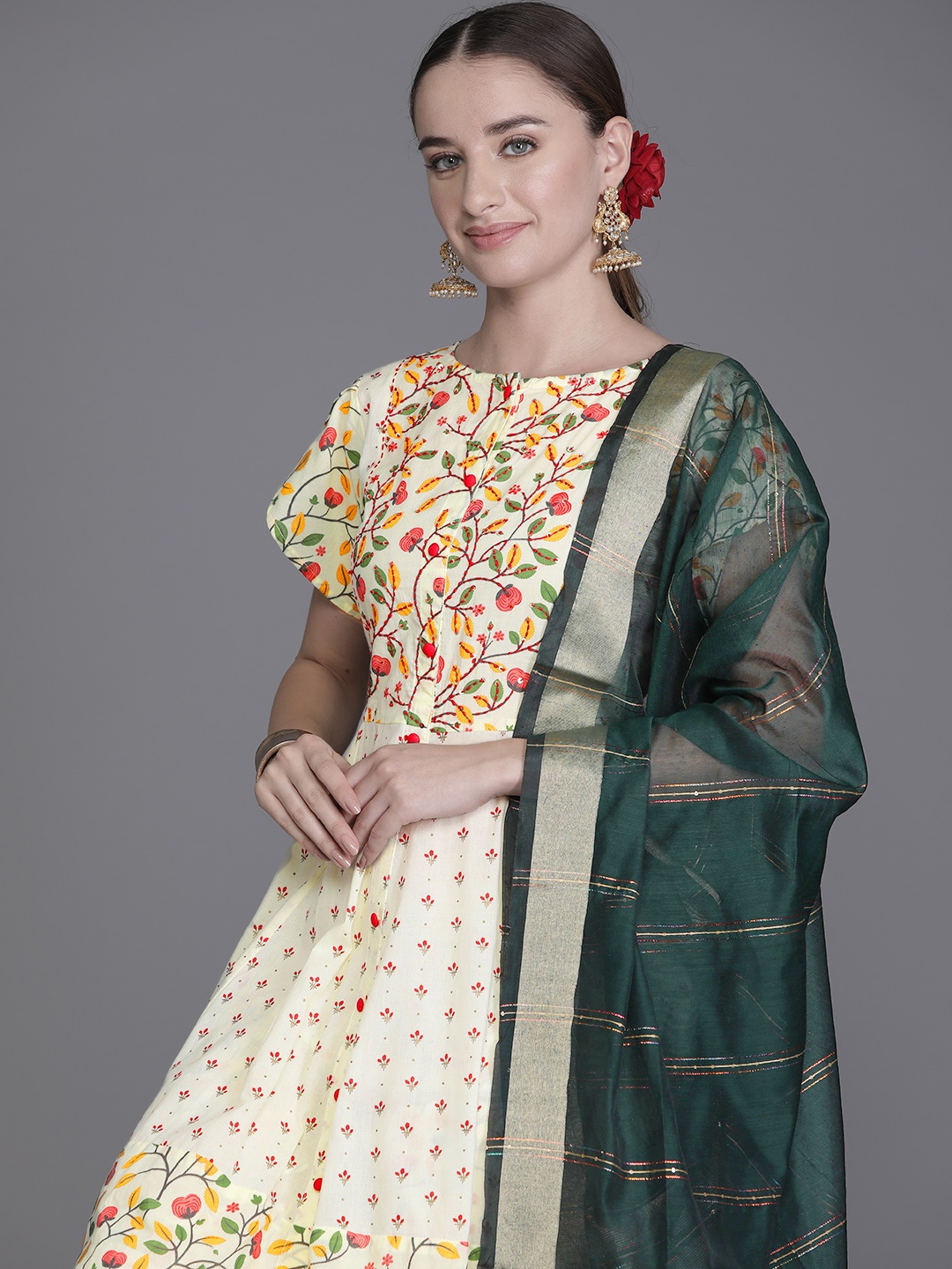 

Indo Era Ethnic Motifs Printed Regular Sequinned Kurta with Trousers & Dupatta, White