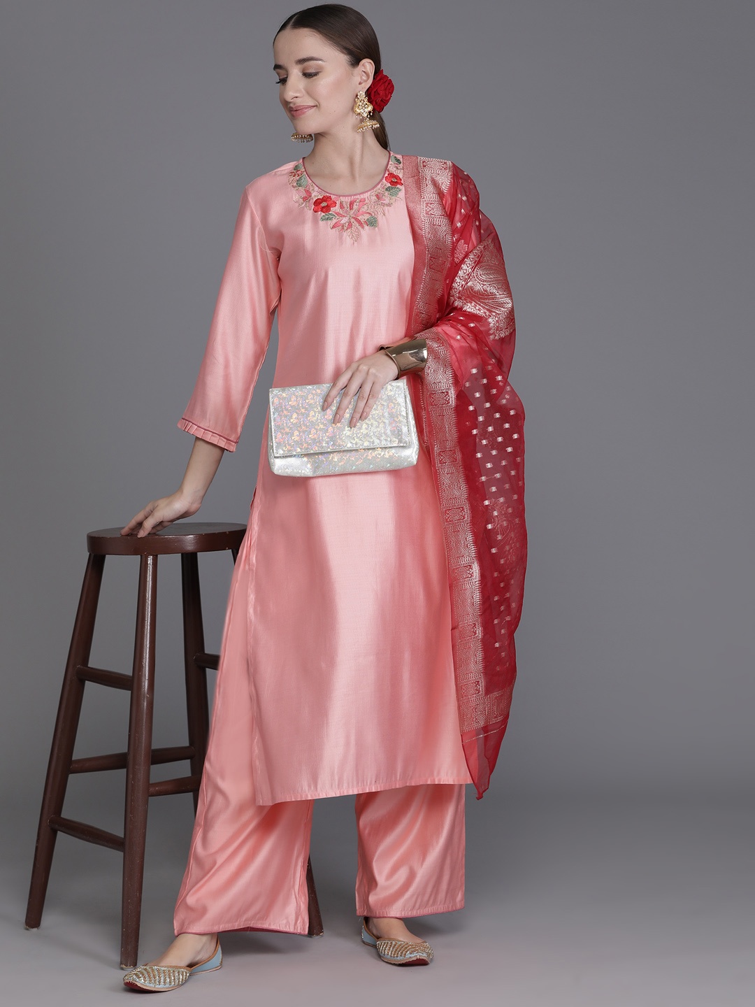 

Indo Era Floral Embroidered Regular Sequinned Liva Kurta with Palazzos & Dupatta, Pink