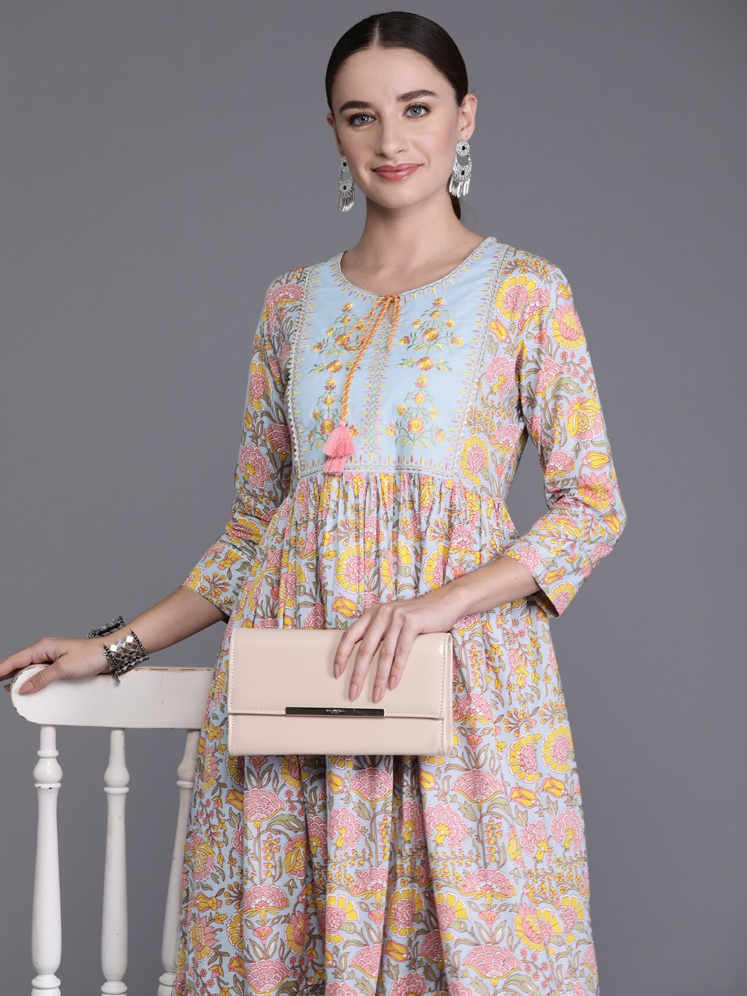 

Indo Era Floral Print Tie-Up Neck Tiered A-Line Midi Ethnic Dress, Peach