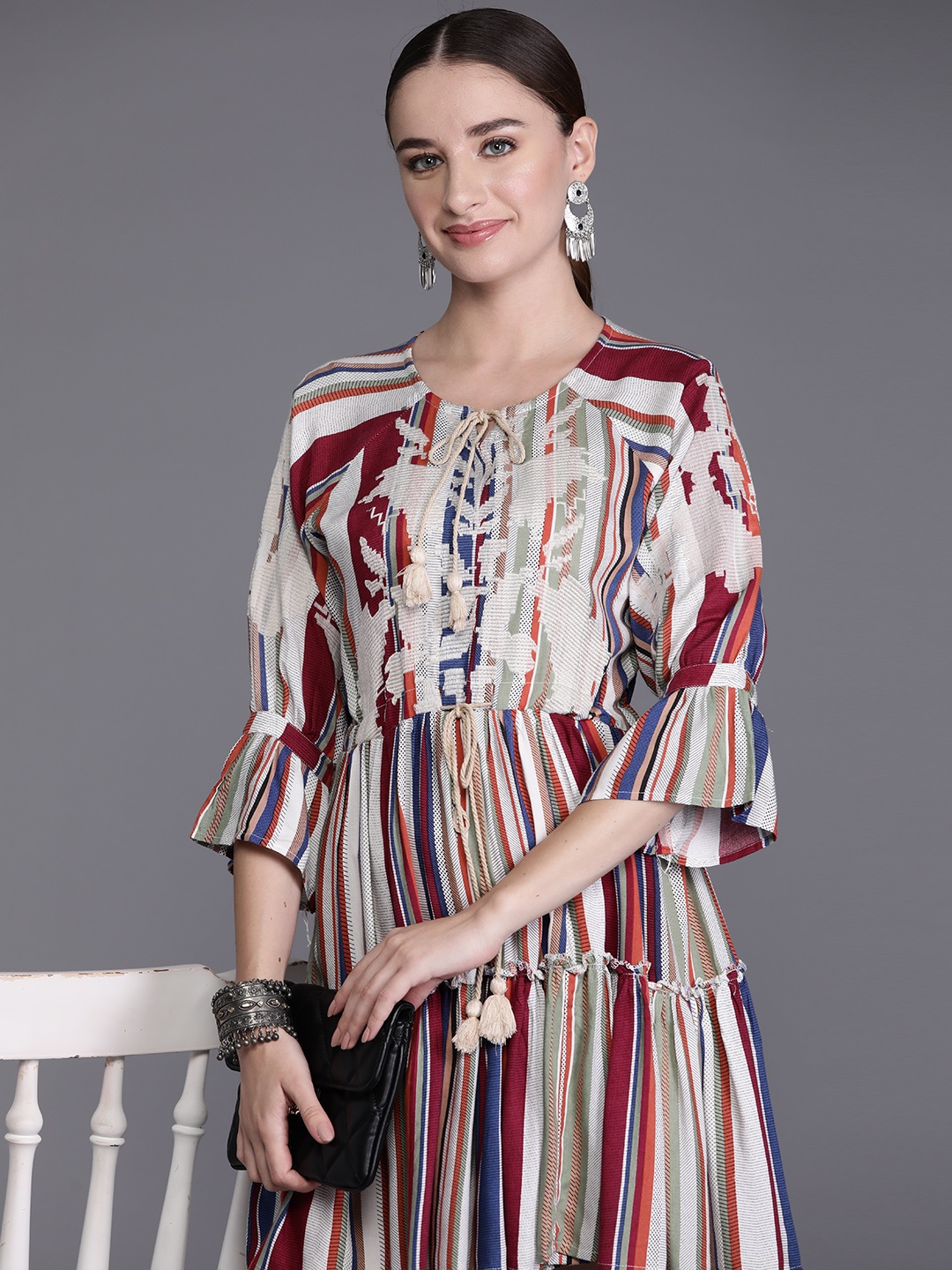 

Indo Era Abstract Printed Tie-Up Neck Bell Sleeve Ruffled A-Line Mini Dress, Multi