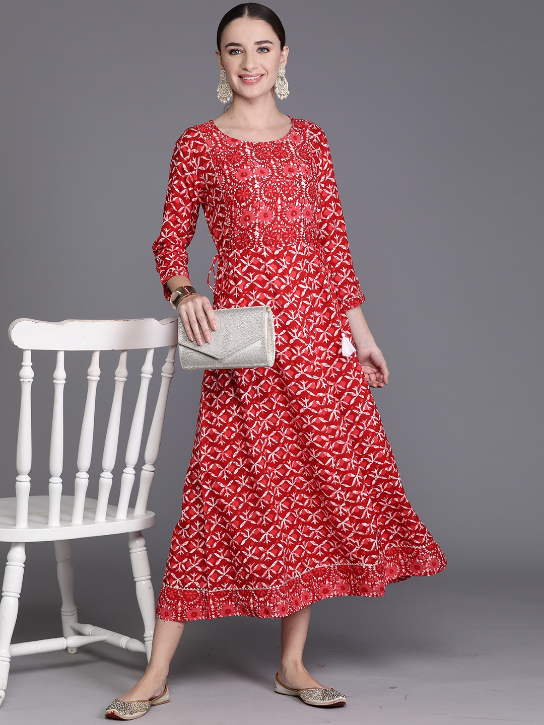 

Indo Era Ethnic Motifs Printed A-Line Midi Dress, Red