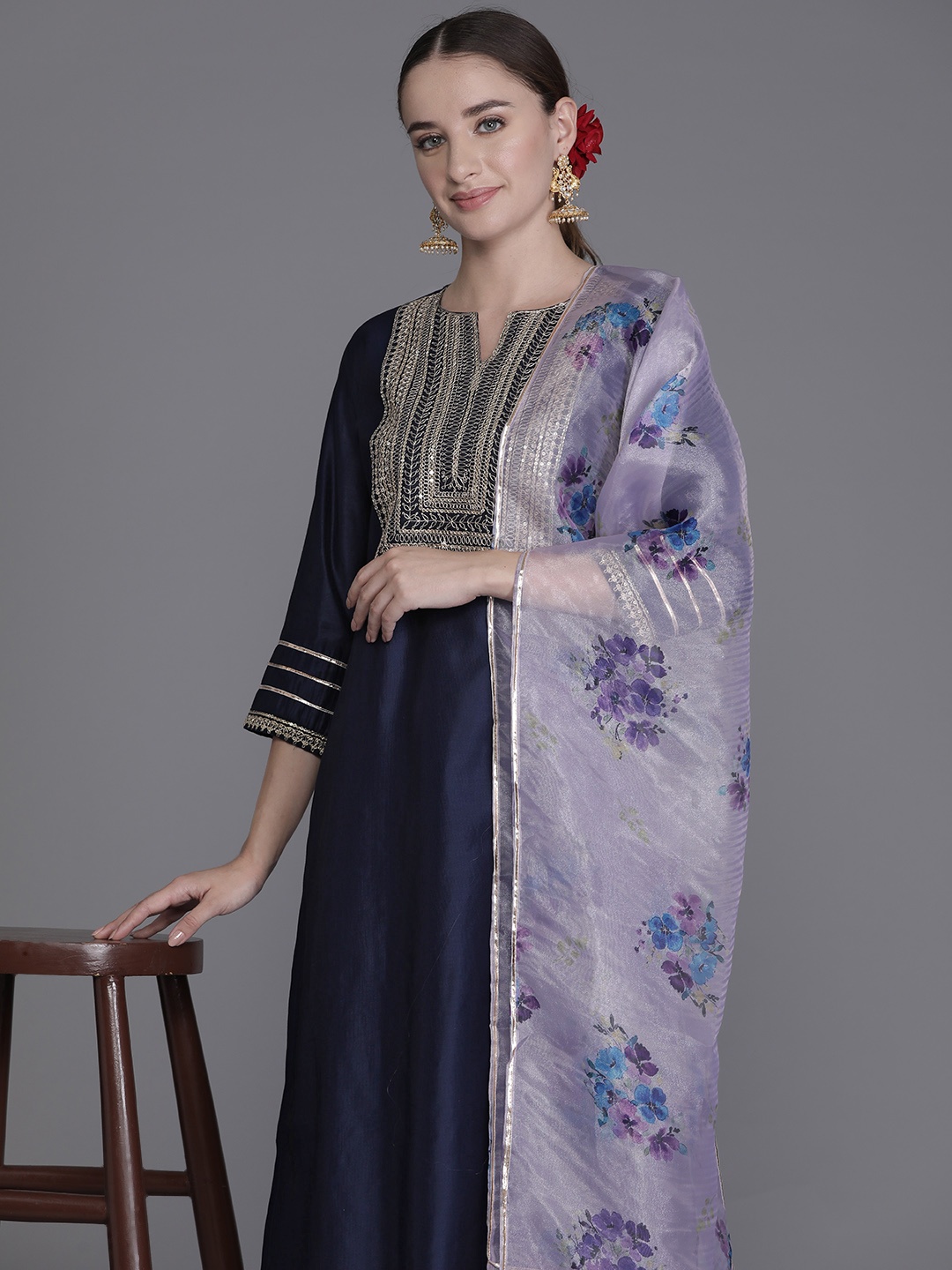 

Indo Era Ethnic Motifs Embroidered Regular Sequinned Liva Kurta with Trousers & Dupatta, Navy blue