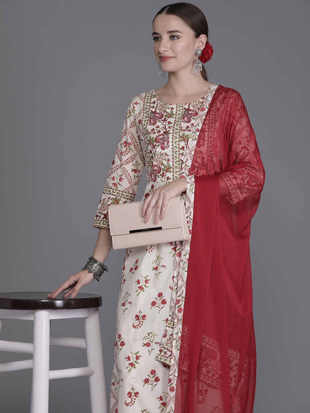 

Indo Era Floral Printed Regular Kurta with Trousers & Dupatta, Off white